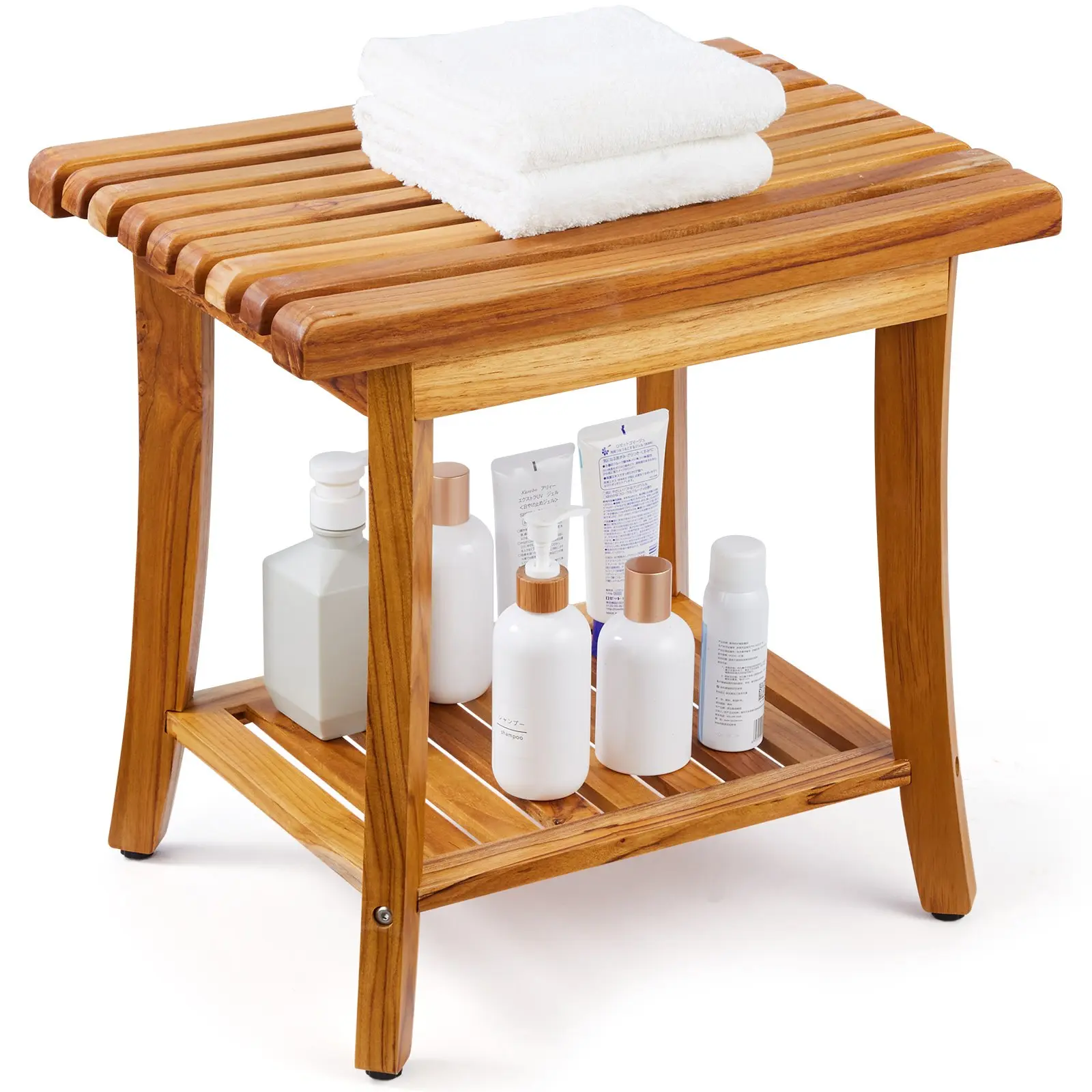 VEVOR Teak Shower Bench, 20x 14.3x 17.9 in, Waterproof Wood Shower Stool with Storage Shelf Non-Slip Foot Pads, 400 lbs Maximum Load Capacity Shower Chair Seat, for Bathroom Indoor and Outdoor Use