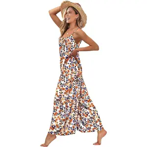 Casual Wide Leg Jumpsuits for Women Boho Floral Pleated Wide Leg Overalls Rompers Vacation Outfits with Pockets