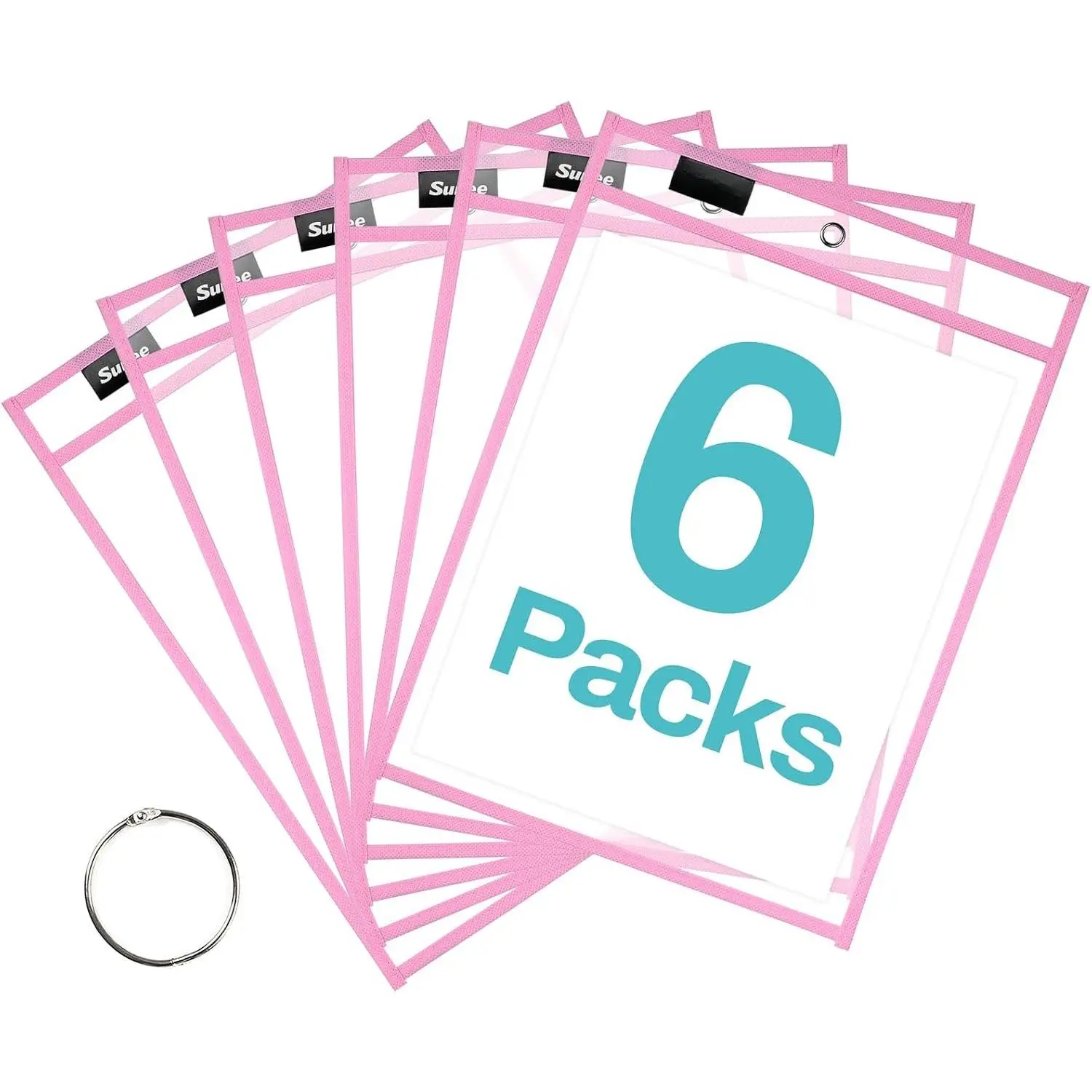 6 Packs   Dry Erase Pocket Sleeves with Ring,  10x14 Ticket Holders, Clear Plastic Sheet Protectors, Teacher School Classroom Supplies