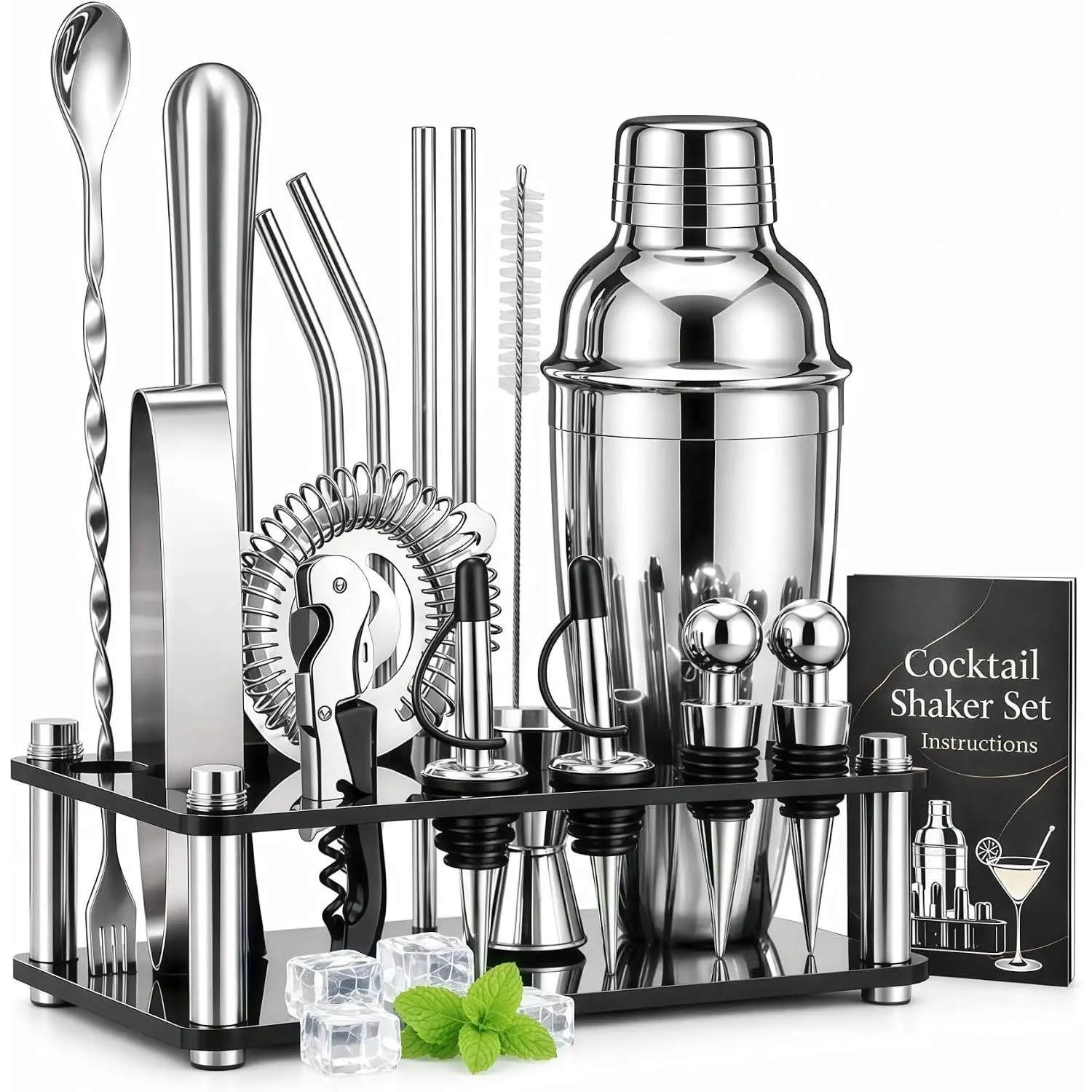 Shaker Set, 18- Bartender Kit with  Stand, 18/8 Stainless Steel Bar Set with Martini Shaker, Jigger, Muddler & Recipe Book for  Bar