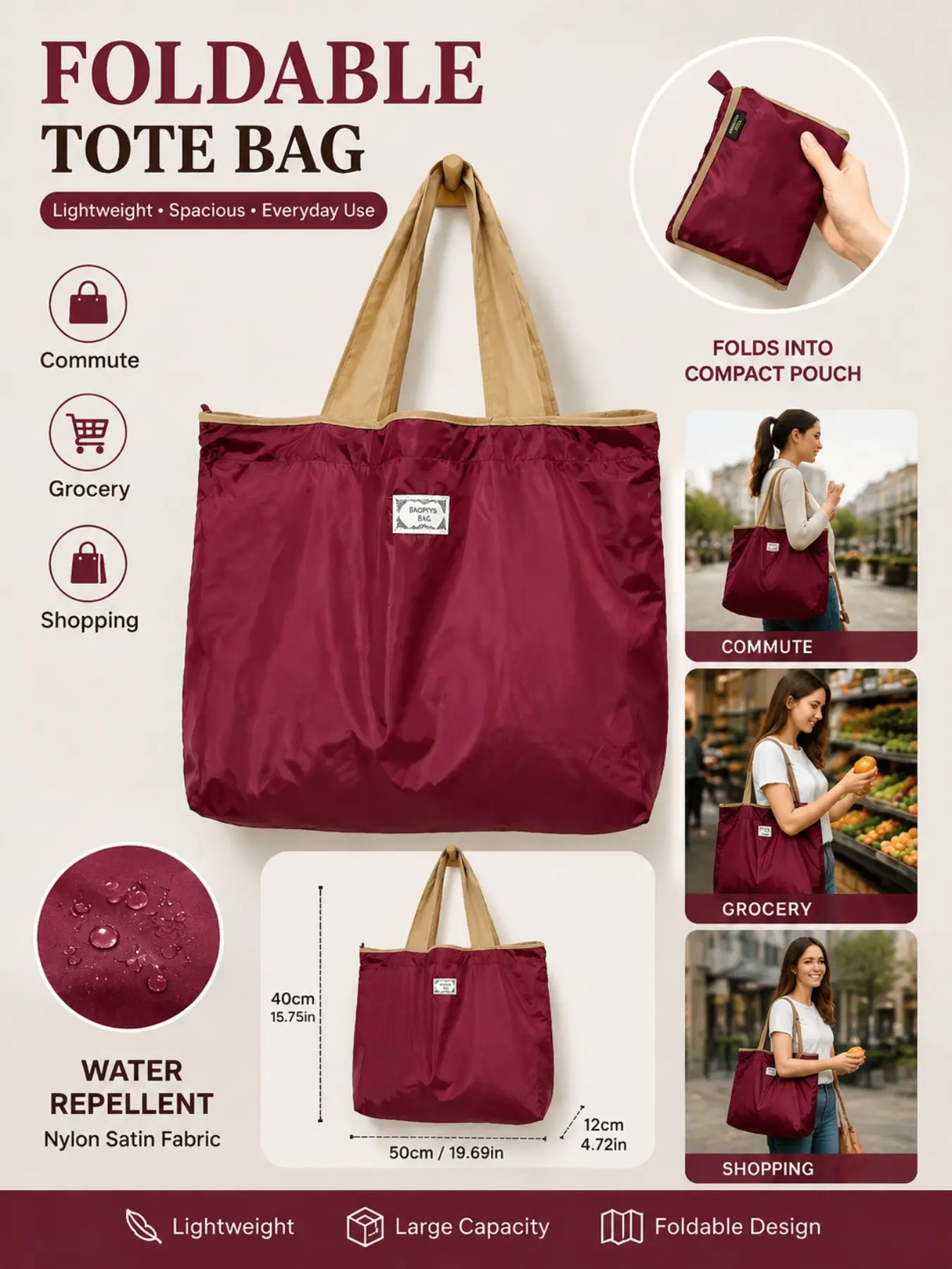 Foldable Drawstring Shopping Bag, Waterproof Nylon, Large Capacity, Casual Style, Reusable, Multi-Color, Ideal for Travel and Daily Use, Shopping Tote