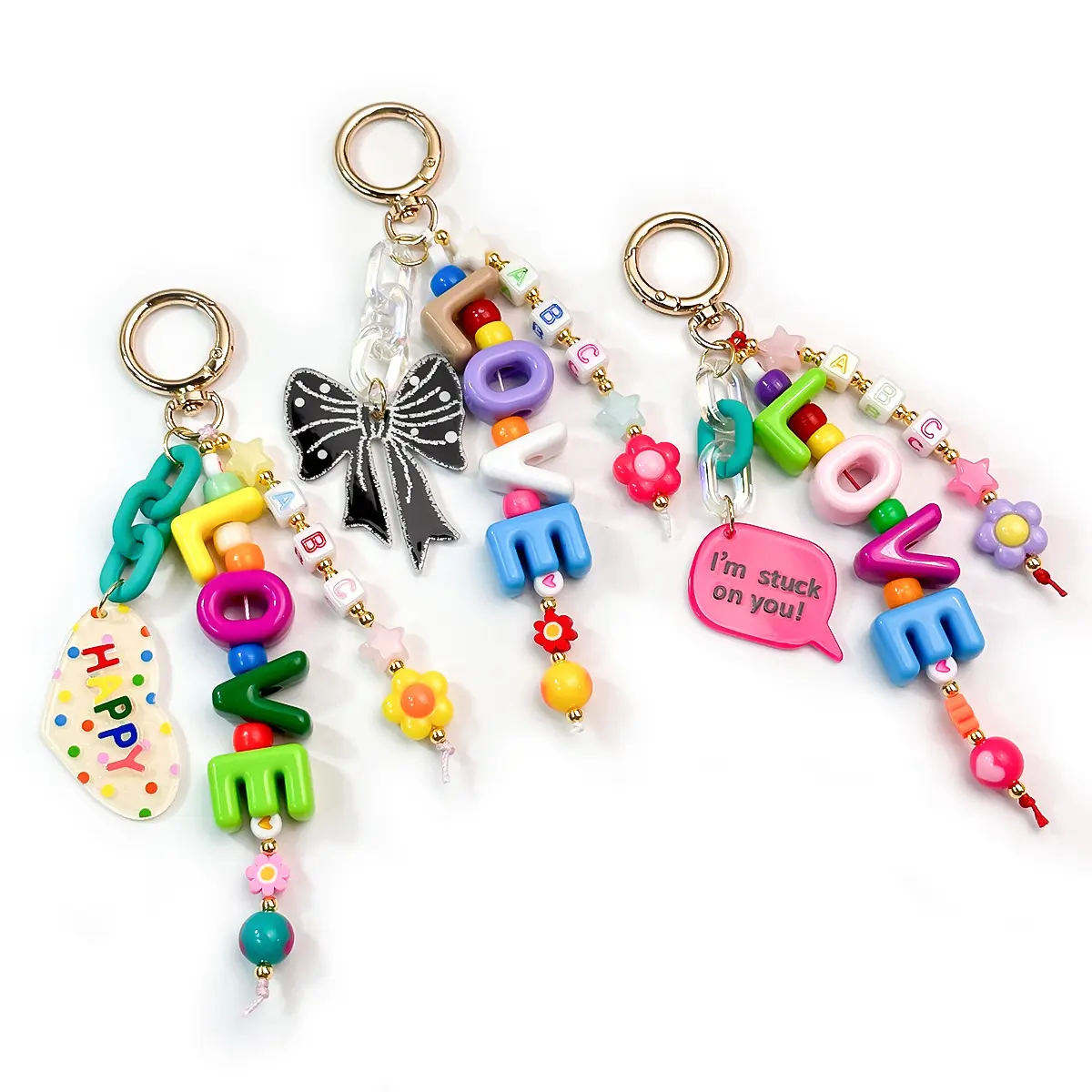 Cute Y2K LOVE Letter Beaded Bag Charm Colorful Acrylic Keychain Charm Aesthetic Flower Bow Pendant for Backpack Purse Decoration