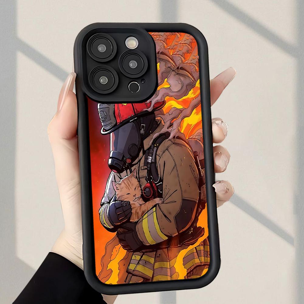 Phone case: Firefighters And Kittens Pattern Fashionable and Popular Shock-Proof Anti-Fingerprint Full Coverage Thick Protective Phone Soft Case Compatible with iPhone 17 E Air Pro ProMax iPhone16 15 14 Plus 13 12 Mini 11 X XS XR