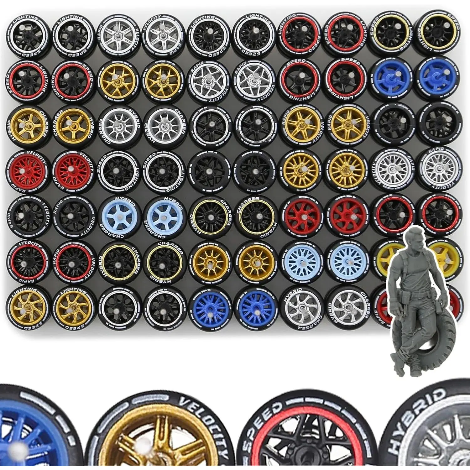 1/64 Scale Mixed Random Real Riders Printed Simulation Wheel Rims Tires Set for 10 1/64 Scale Cars (01)