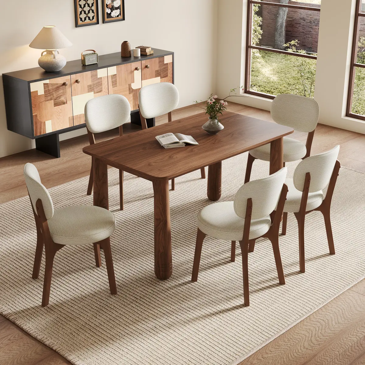 [Bellemave] 63" Solid Wood Dining Table Set with 6 Upholstered Chairs, Farmhouse Dinner Table Set of 7 Piece, Easy Assembly