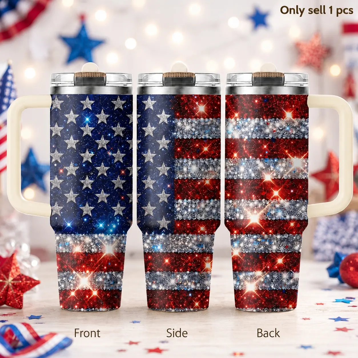 Glitter USA Flag Stars 40oz Tumbler – Patriotic Sparkle Stainless Steel Insulated Travel Cup with Handle & Straw Lid for Coffee, Water, Smoothies, Office, Gym, Road Trips, American Pride Gift