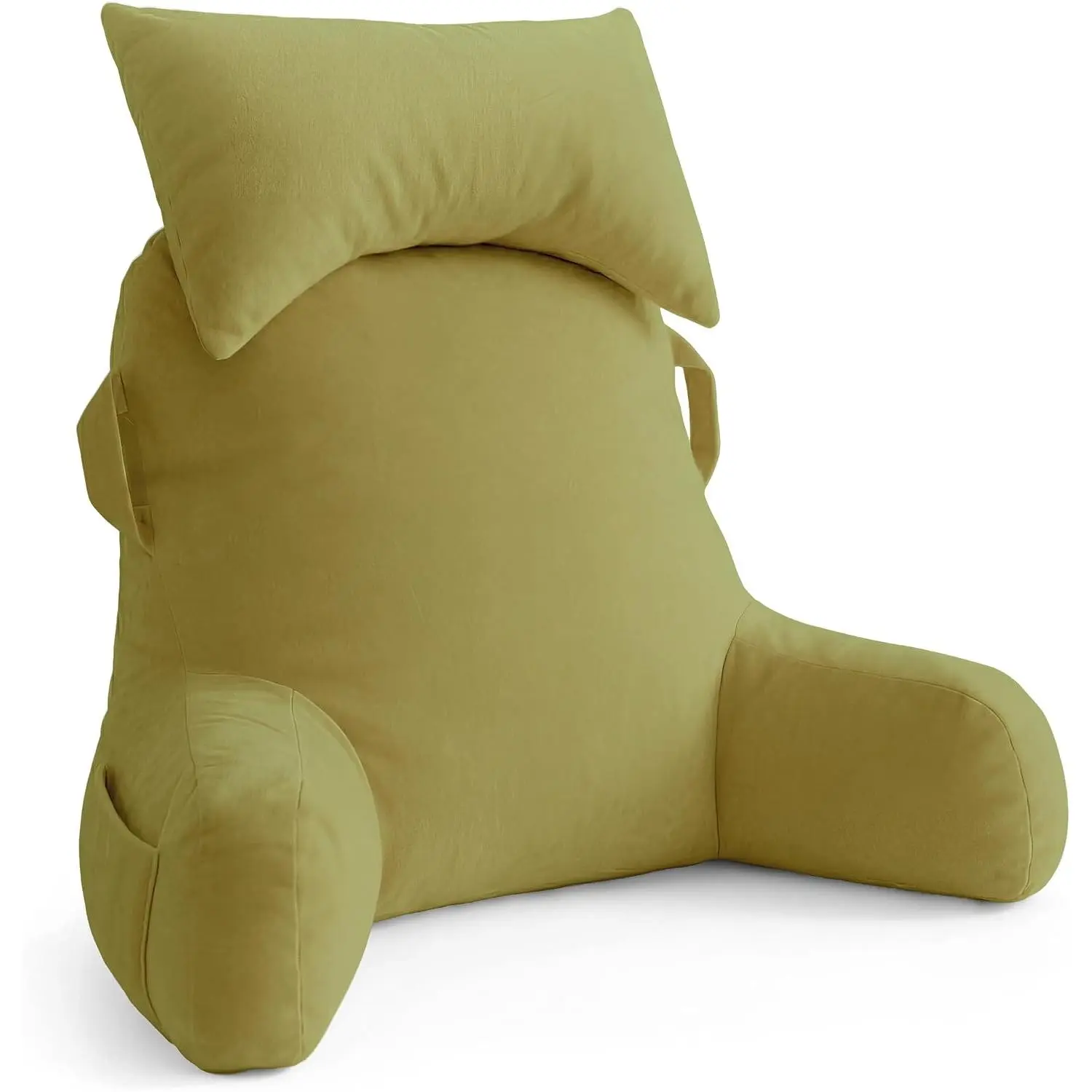 Reading Pillow for Bed,Back Pillow for Bed Sitting Up,Lumbar Pillow |   Pillow with Headrest,Velvet with Arms,Handle,Pockets for Gaming,Nursing,Resting-Pale Green