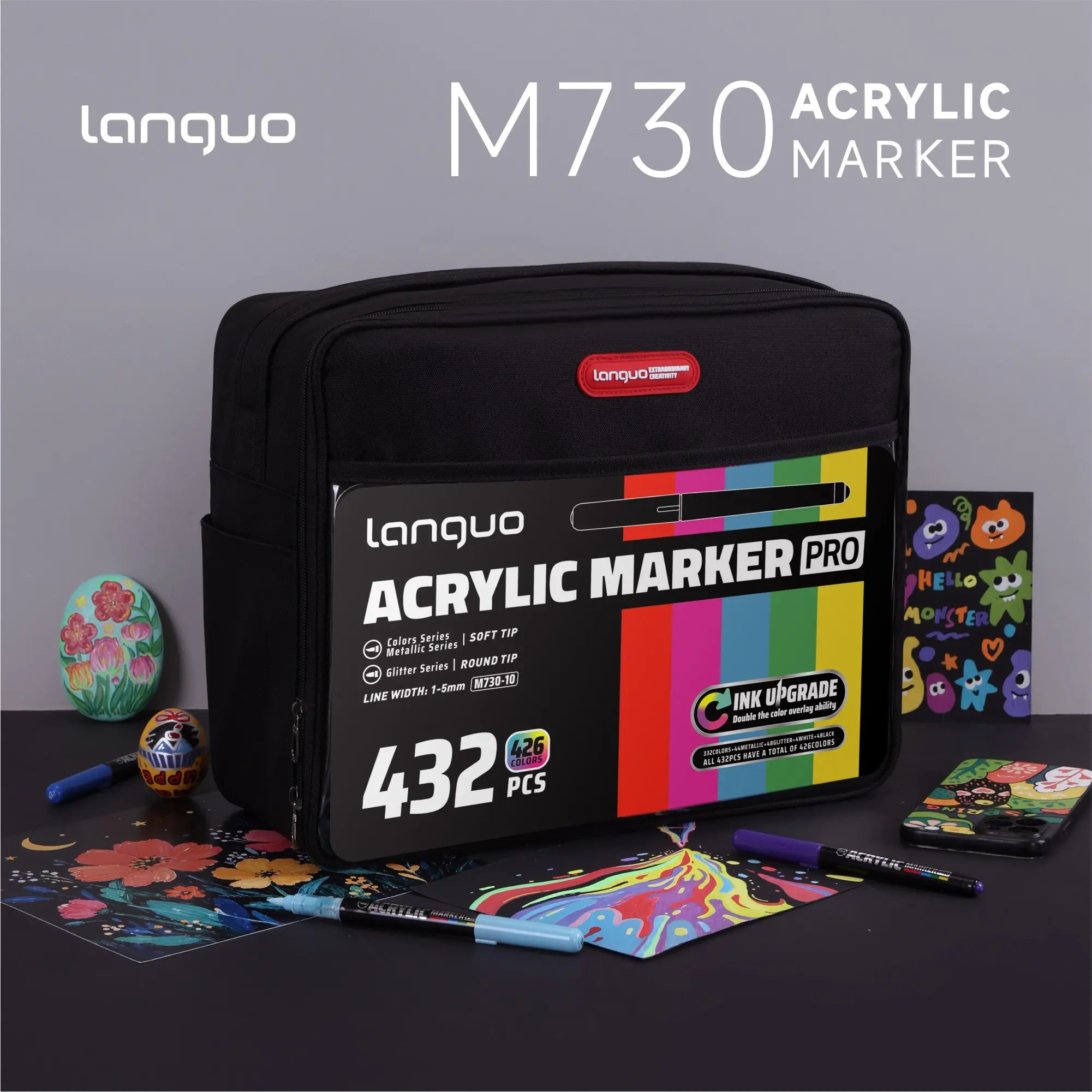 Languo Acrylic Marker Pen Set, 432 Pieces, Enhanced Ink Coverage, Non-Blotting, Multi-Material Use, Fabric Storage Bag Included, Art Markers Set