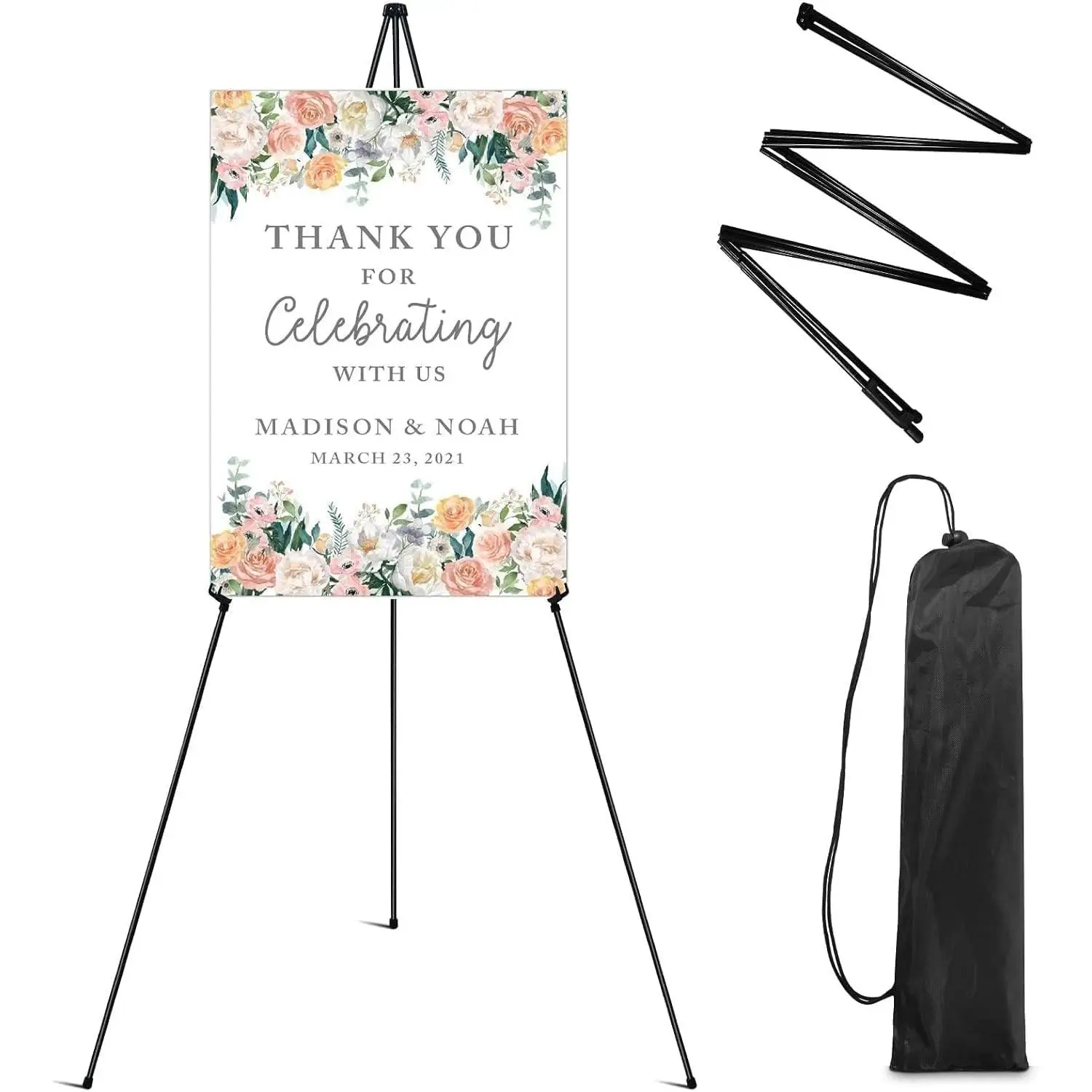 63 Inch Instant Fold Metal Tripod Easel Stand with Carry Bag, Suitable for Wedding Welcome Signs, Posters, Foam Board Floor Display Use
