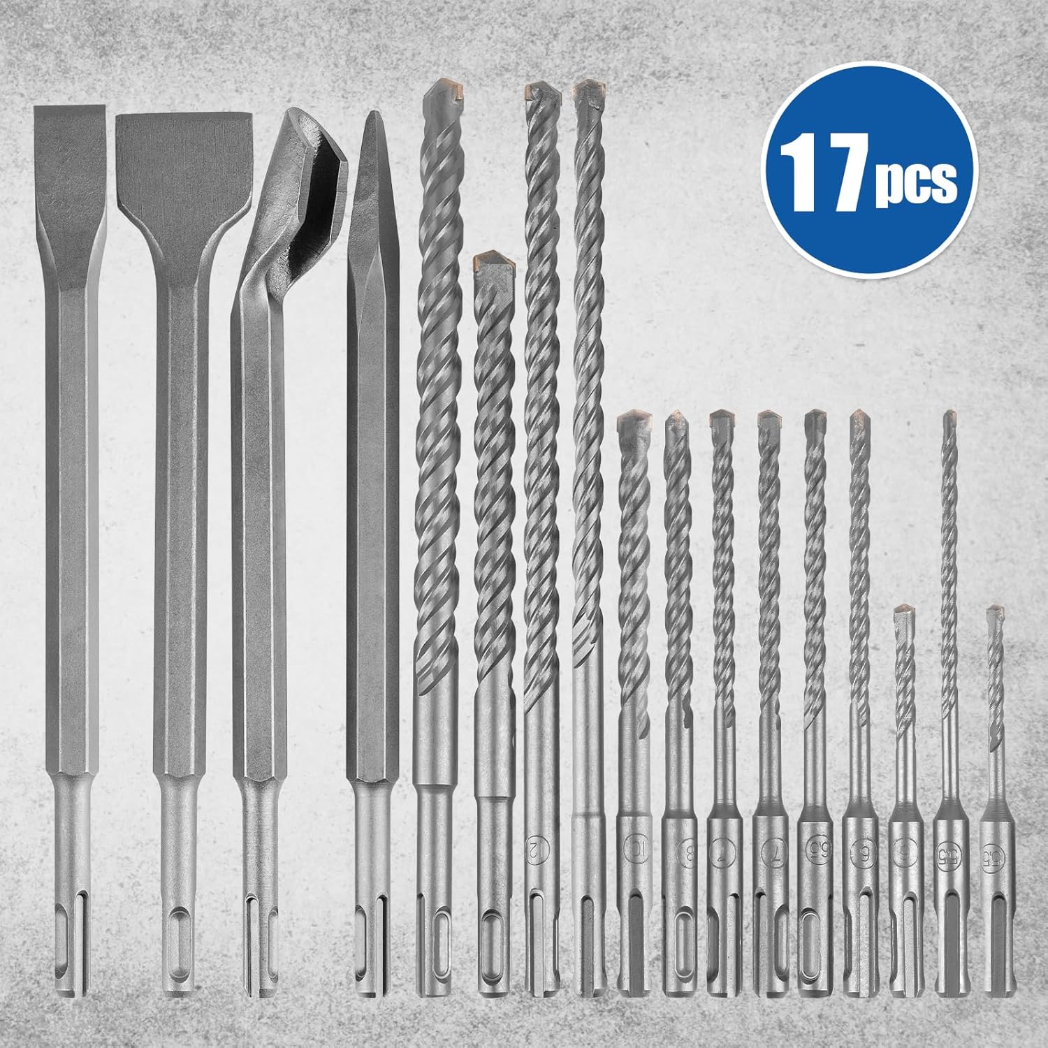 17 count SDS Plus Concrete Masonry Drill Bits and Chisels Set with Storage Case, Carbide-Tipped Drill Bit Set for Concrete, Stone, Brick  HARD EDGEHARD EDGE