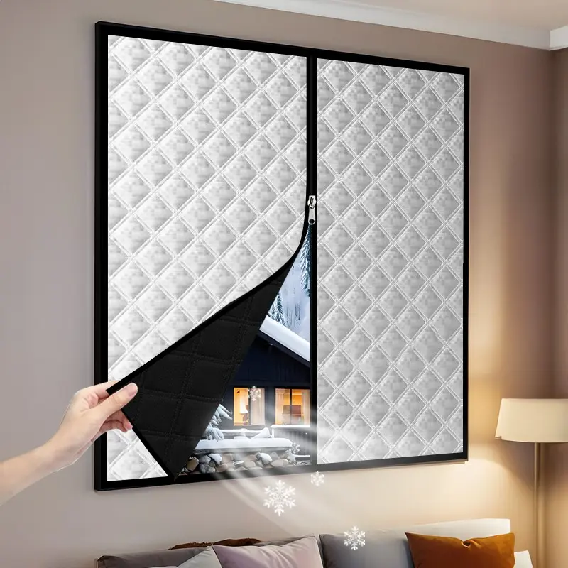 Thickened Thermal Zipper Window Curtain, Silver Insulated Blackout Cover, Self-Adhesive No-Drill Installation for Bedrooms, Living Rooms, and Balconies