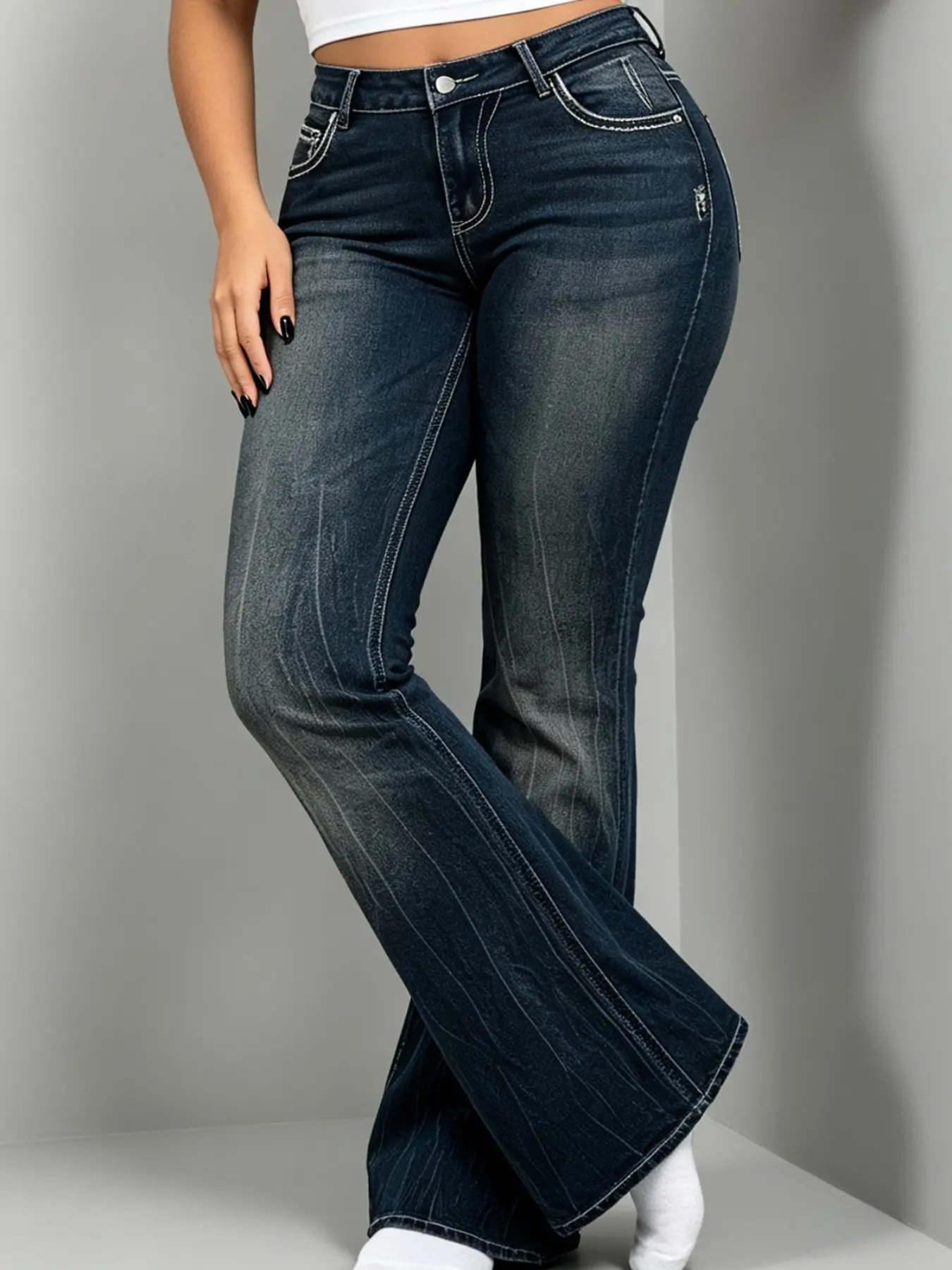 Plus Size Women's Denim Jeans, Deep Indigo Washed Vintage Style, Embroidered Comfortable Fit, Casual Long Pants for All Seasons, Embroidery