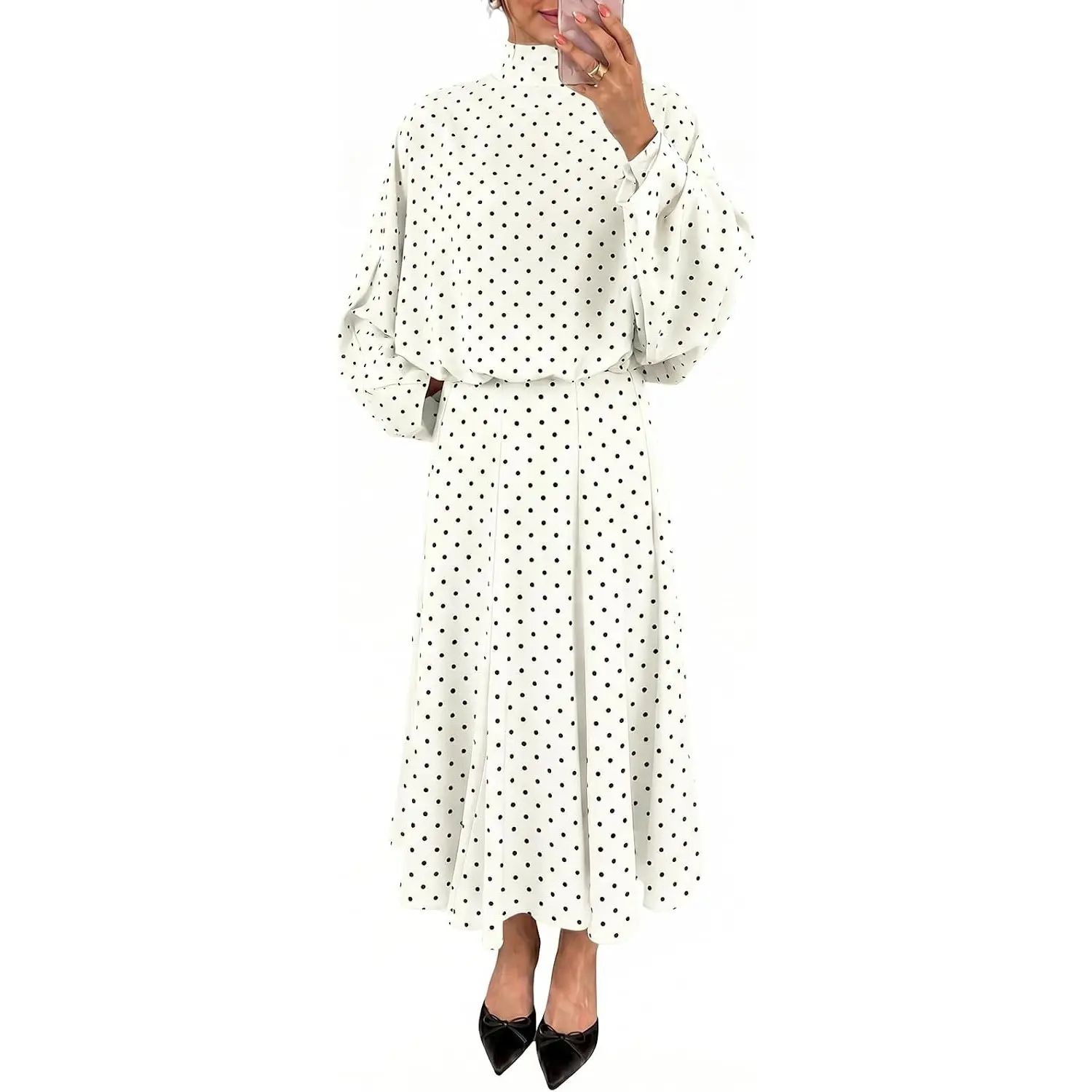 Wenrine Womens 2 Piece Outfits Polka Dots Elegant Tie Fall Maxi Skirt Sets | polka dots,tie bow,long sleeve,stand neck,high waist,elastic waist,flowy,a-line skirt,loose fit,elegant