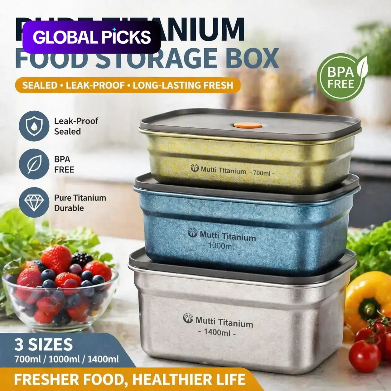 Pure Titanium Food Storage Box, Lightweight Leak‑Proof Portable Lunchbox, Leakproof Bento Food Storage Containers for Outdoor Camping (700 ml/1000 ml/1400 ml) #GLOBAL PICKS