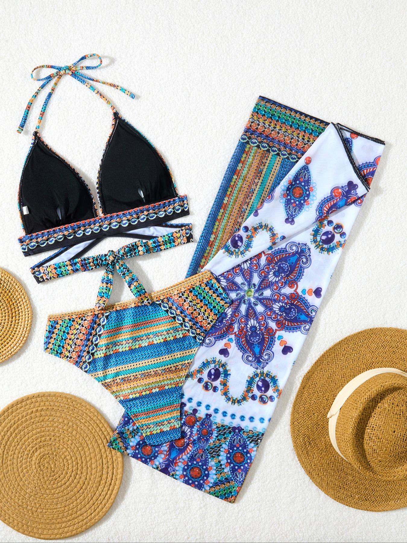 Women's Ethnic Pattern Bikini Set, Halter Neck Triangle Swim Bra & Tie Side Swim Panty & Pareo Cover Up Set, Ladies Swimsuit for Beach Holiday Vacation, Tropical Print Swimsuit, Beachswimsuits, Color Block Swimsuit, Bikinis Set, Colorblock Print Bikini