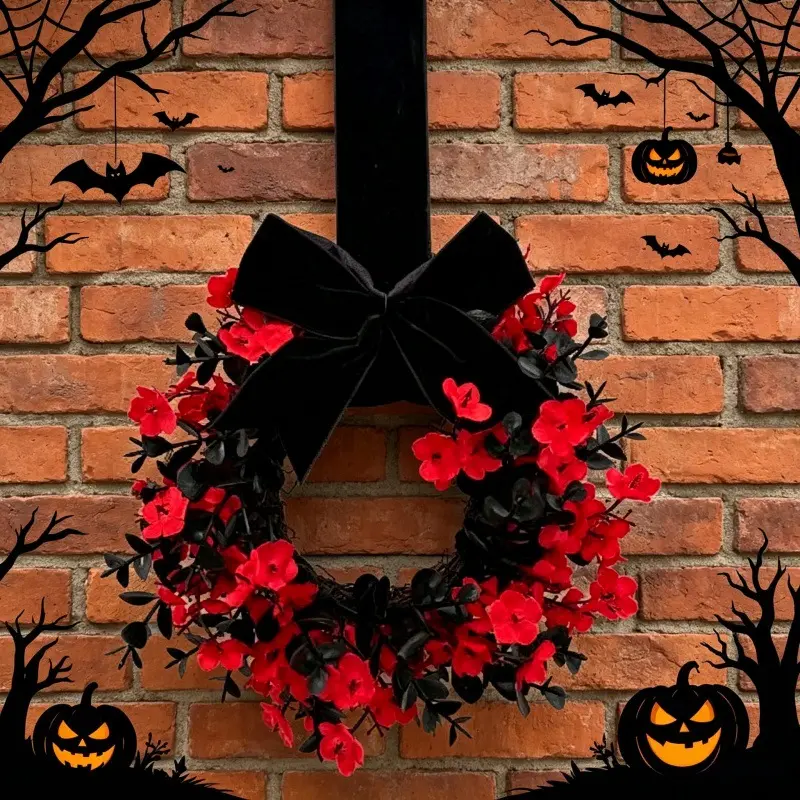 Mini Halloween Wreath with Black Velvet Bow Artificial Flower Hanging Wreath for Door Cabinet Window Home Decor