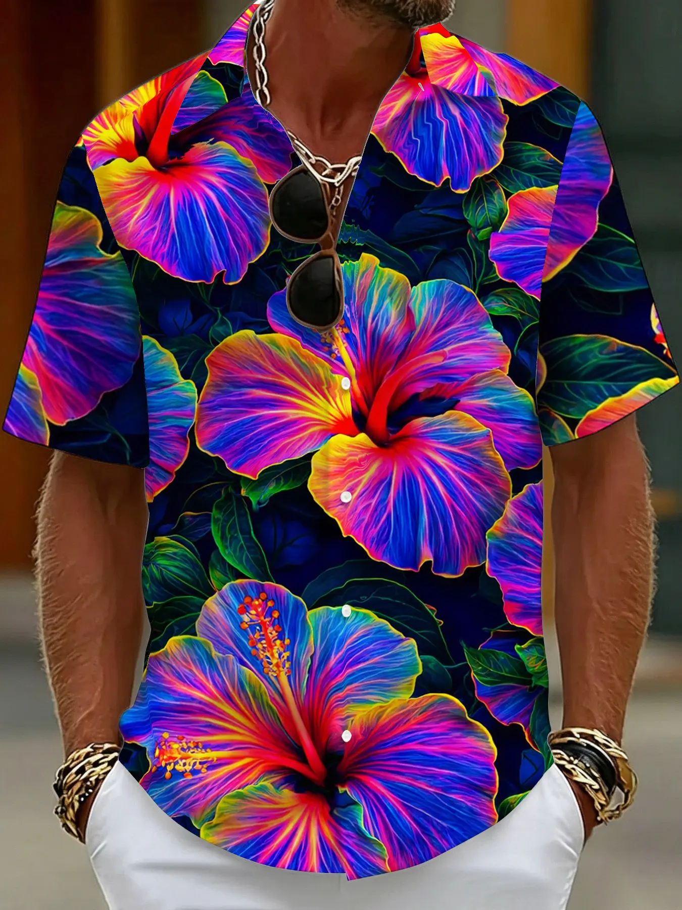 Men's Hawaiian Tropical Short Sleeve Button-Down Collared Shirt with Colorful Neon Hibiscus Print, Casual Tropical Shirt