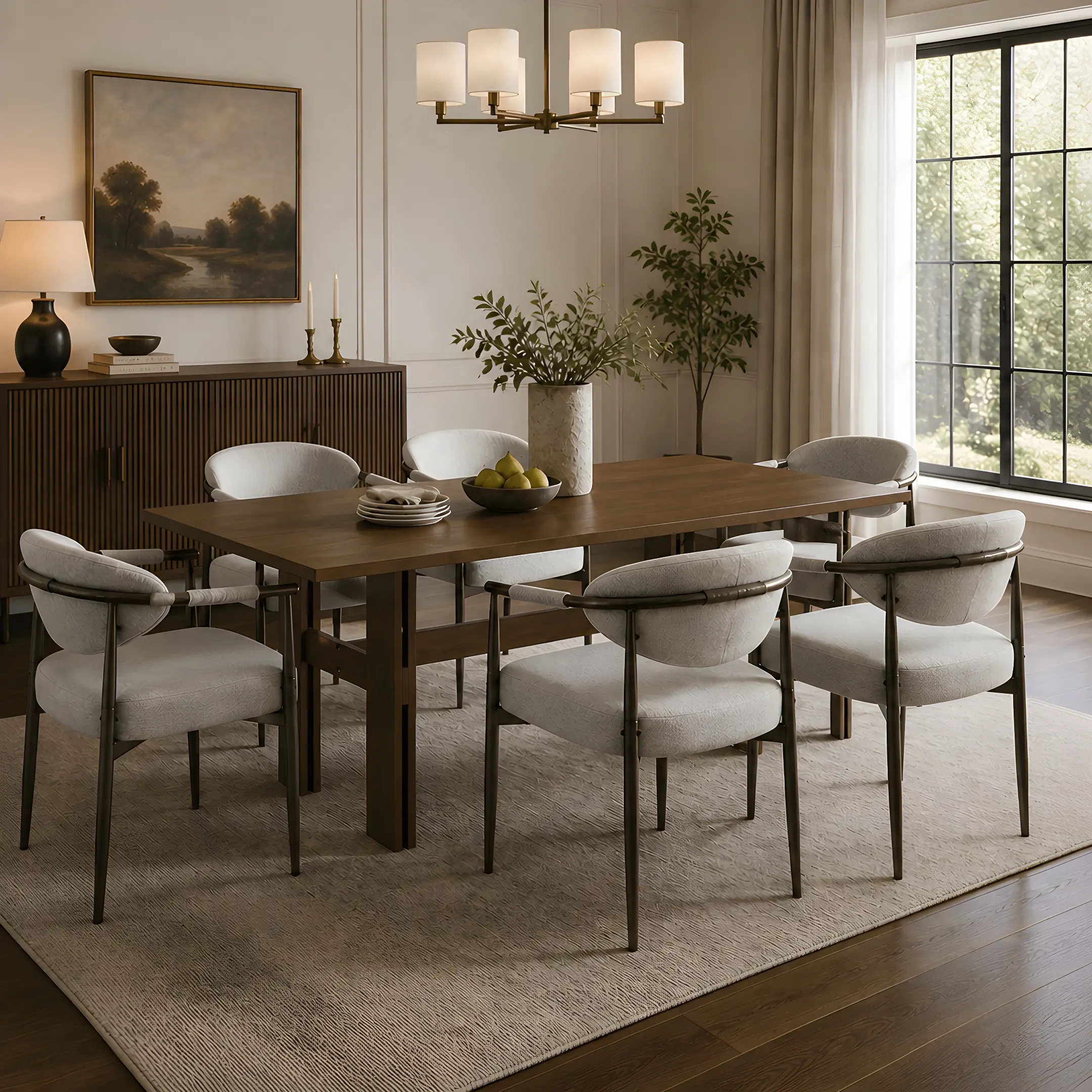 Nokaa 7-Piece Modern Oval Dining Set for 6, Rustic Farmhouse Solid Wood Kitchen Table Set with 6 Upholstered Chairs, 71-Inch Large Retro Country Dinner Table, Multiple Color Options