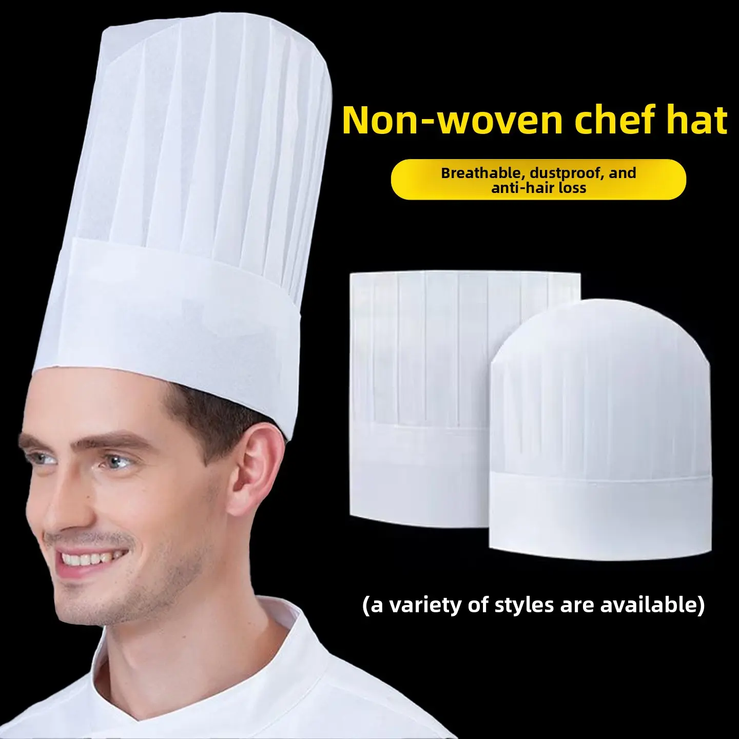 Disposable Non-Woven Chef Hat - Plain, Portable, Customizable Logo Fabric, 1-Size Kitchen Work Cap, Dome-Shaped Decorating Hat, One Size, Universal