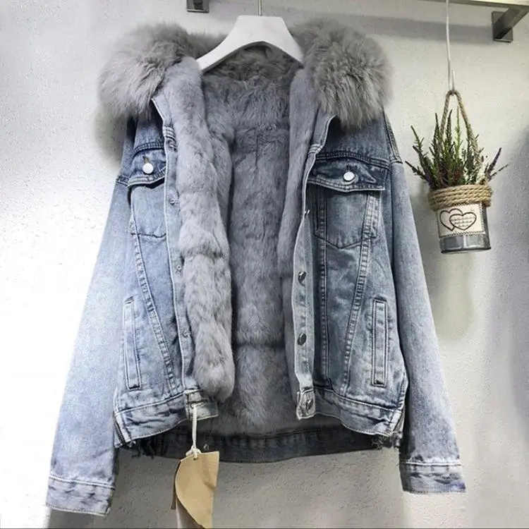 Women Single Breasted Denim Jacket Fleece Patchwork Loose Warm Coat with Pockets