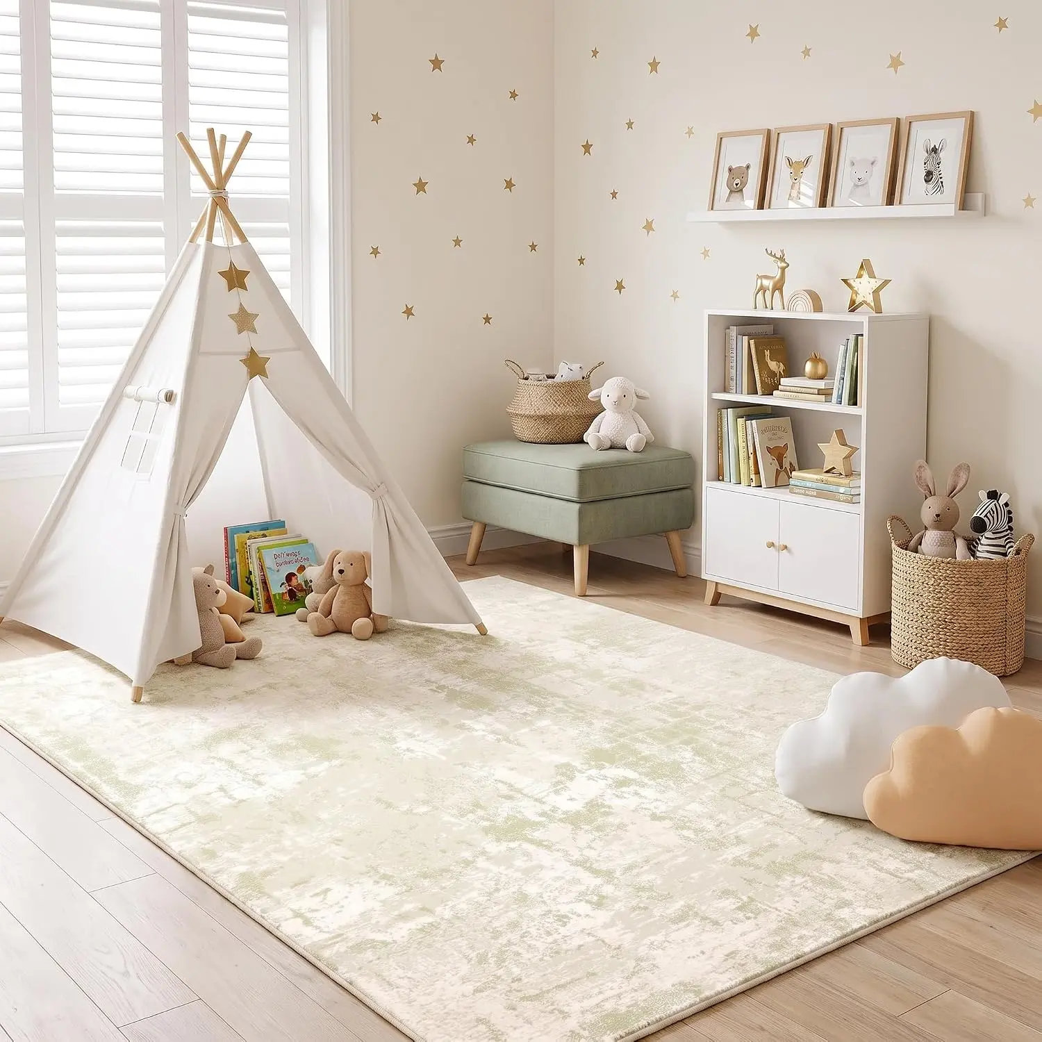jxgzyy 6x9 Beige Green Washable Area Rug, Non-Slip Modern Carpet | Low Pile, Stain Resistant Large Floor Mat, Soft Cozy Bedroom Decor, Safe for Kids & Pets for Living Room