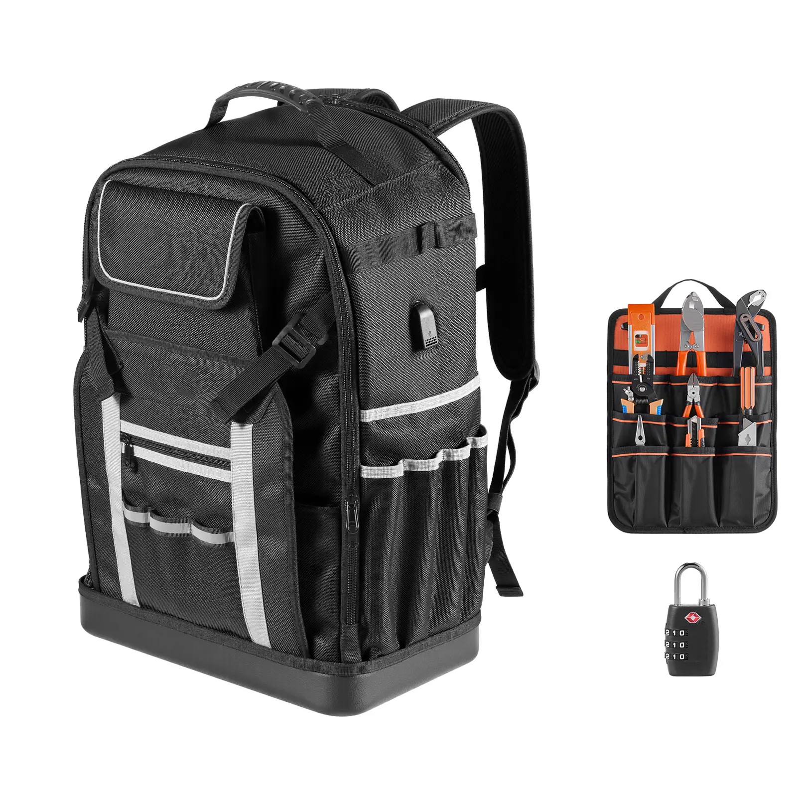 Heavy-Duty Ballistic Nylon Tool Backpack with Combination Lock, 56 Pockets, Molded Base, Padded Backpack Straps, Removable Divider, Multi-Compartment Organizer for Construction Jobsites, Electricians