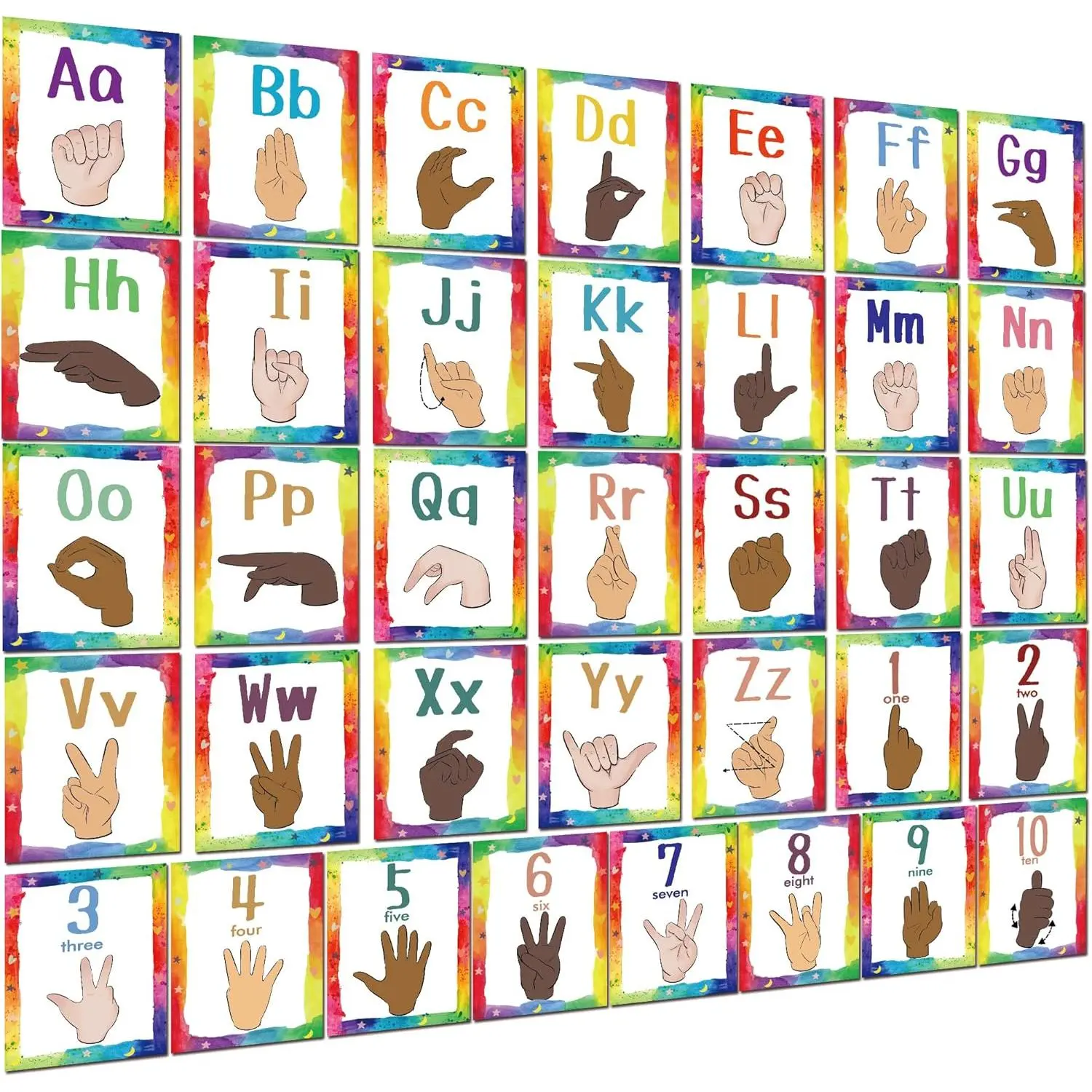 Colorful Sign Language Bulletin Board Letters - 36 ASL Alphabet Teaching Aid Cards Set, 8x5.5 Inch Poster for Students, Primary School Classroom Wall Decor & Homeschool Office Stationery Supplies