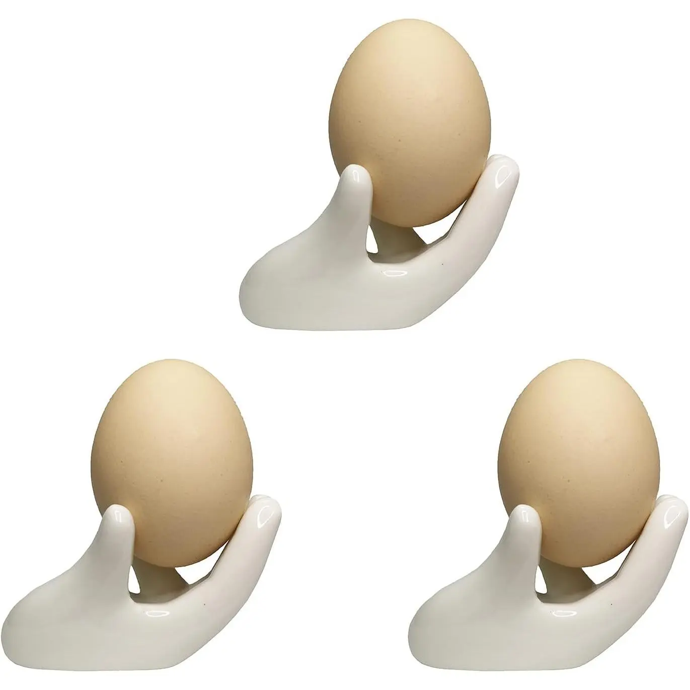 Set of 3 Creative Hand Shaped Ceramic Porcelain Egg Cup Holder, Easter Egg Display Stand for Hard Boiled Eggs, White