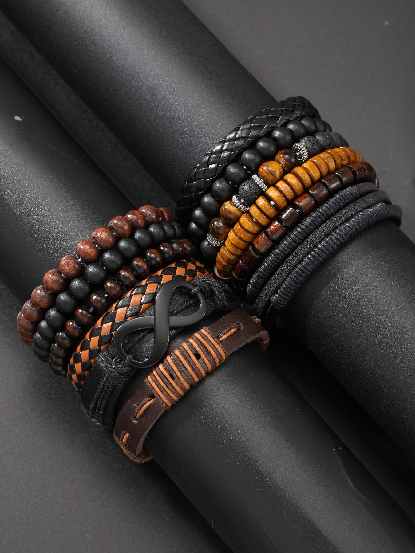 Men's Fashion Beaded & Braided Link Bracelet (12pcs), Fashion Jewelry for Party, Everyday Accessories, Trendy All-match & Exquisite Jewelry for Birthday Gift