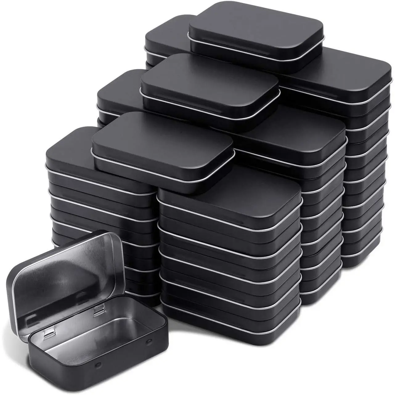 Metal Rectangular Hinged Tins, Pack of 40, Matte Black | Mini Portable Empty Storage Containers with Lids for Jewelry, Crafts, Drawing Pins Home OrganizerGift