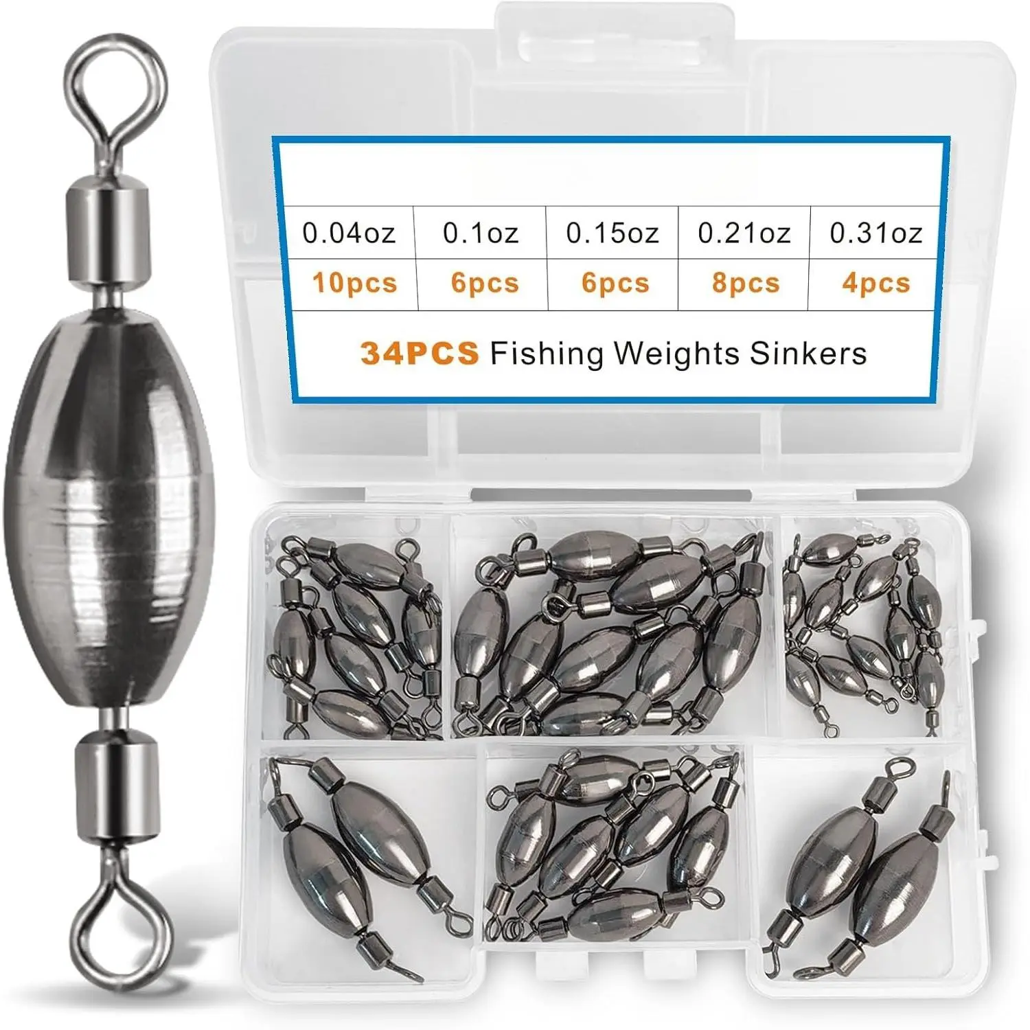 34 count Fishing Weights Swivel Brass Sinkers Fishing Weight,  Sinker Weight Kit Tackle, Rolling Swivel Saltwater Freshwater Drop Shot Weights