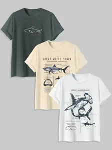 Vintage Shark Anatomy Diagram Print T-Shirt, Men's Casual Short Sleeve Tee, Loose-Fitting Street Style, Without Collar or Button