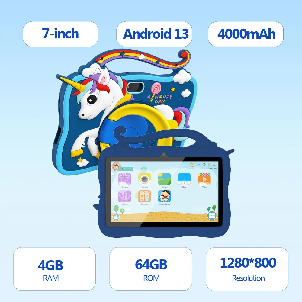 New 7-inch children's tablet with Android 13 4GB RAM and 64GB ROM, supporting WIFI function, shockproof silicone protective case, Rainbow Mark support shell, parents can control pre installed educational learning software, dual cameras