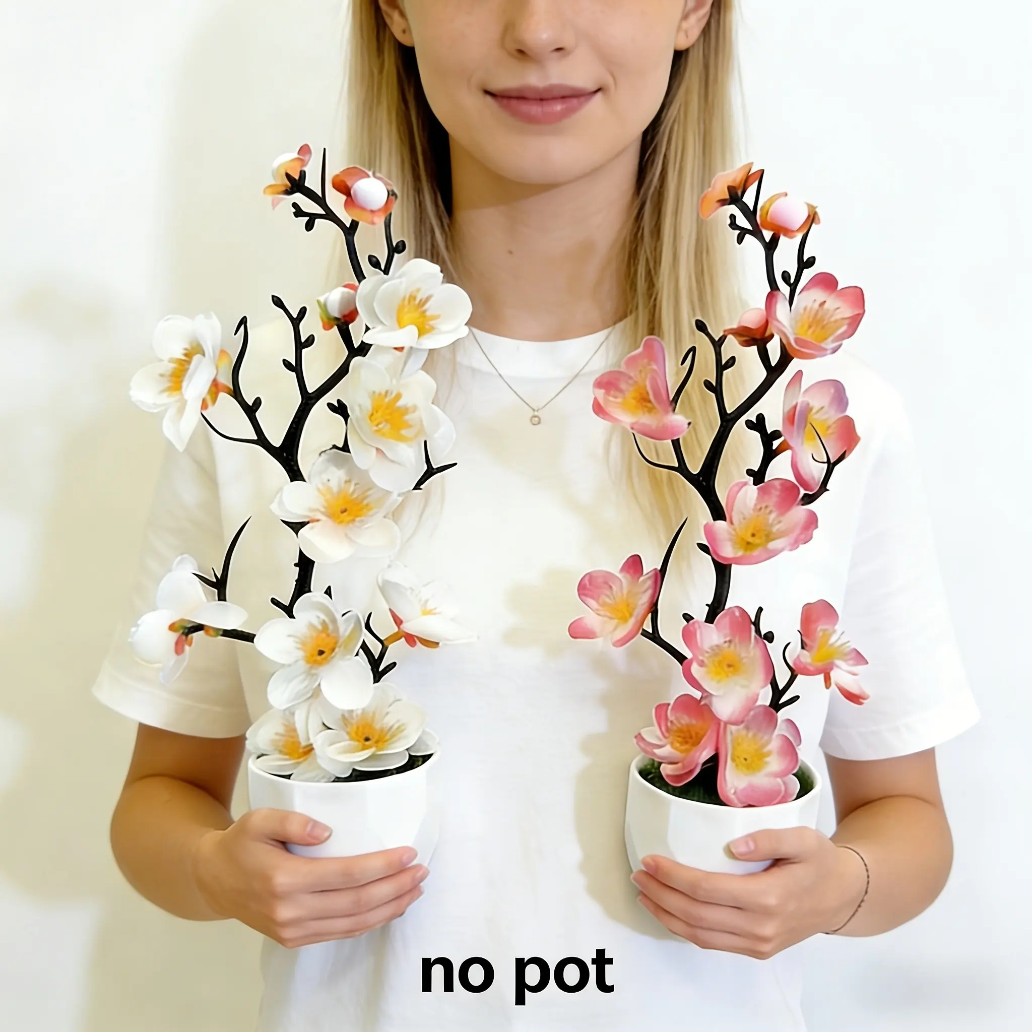 Set of 2 artificial green plum blossom potted plants with a natural appearance. Sold without flower trays, these are suitable for indoor and outdoor display on windowsills, balconies, entryways, or tea rooms, and require no watering or pruning.
