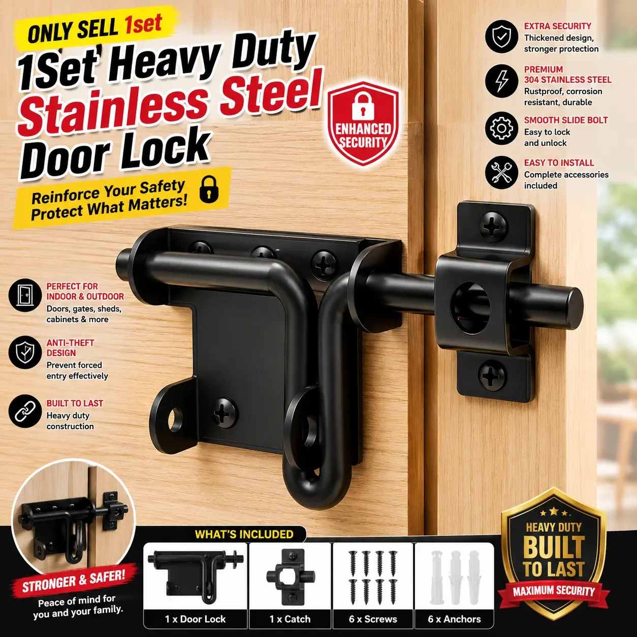 1 set of heavy-duty black stainless steel safety and reinforcement door lock, with keyhole, suitable for wooden fences, barns, and storage sheds - no batteries needed, Sturdy Lock, fence locking hardware, black finish, stainless steel lock