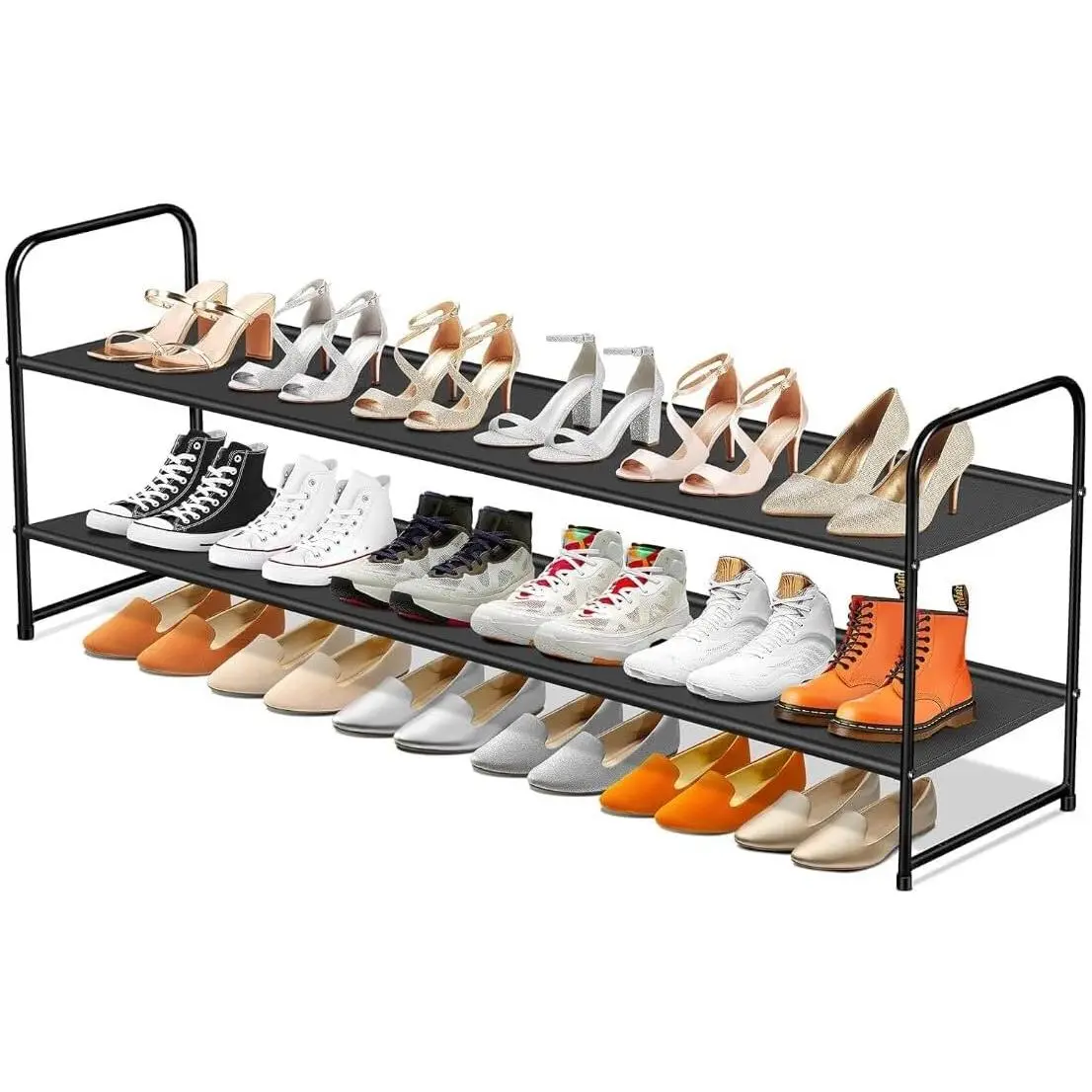 Long 2-Tier Shoe Organizer for Closet, Stackable Wide Shoe Rack Holds 18-Pairs Low Shoe Shelf Storage for Bedroom, Floor, Entryway(Black)