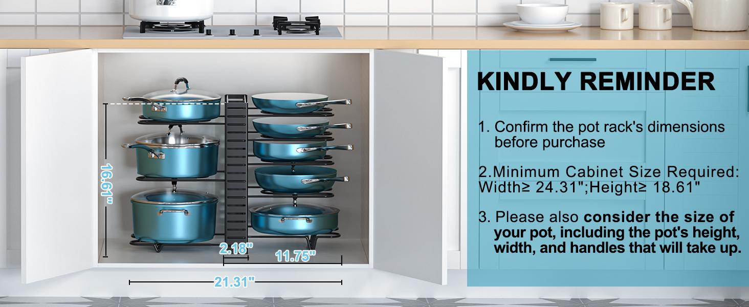 Pots and Pans Organizer for Cabinet 16.61 Height, 8 Tier Pot Organizers Rack with 3 DIY Methods, Adjustable Pan Organizer under Cabinet Kitchen Organization and Storage