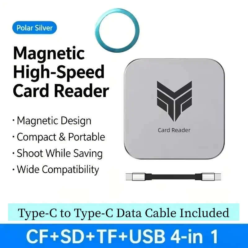 Magnetic High-Speed Quad-In-One Card Reader, CF/SD/TF USB Multi-Function Reader, Portable Memory Card Transferer, Type-C to Type-C Data Cable Included