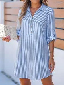 Women's Summer Beach Blue Striped V-Neck Loose Fit Casual Dress Pullover, Long Sleeve H-Type, Perfect for Vacation and Daily Wear
