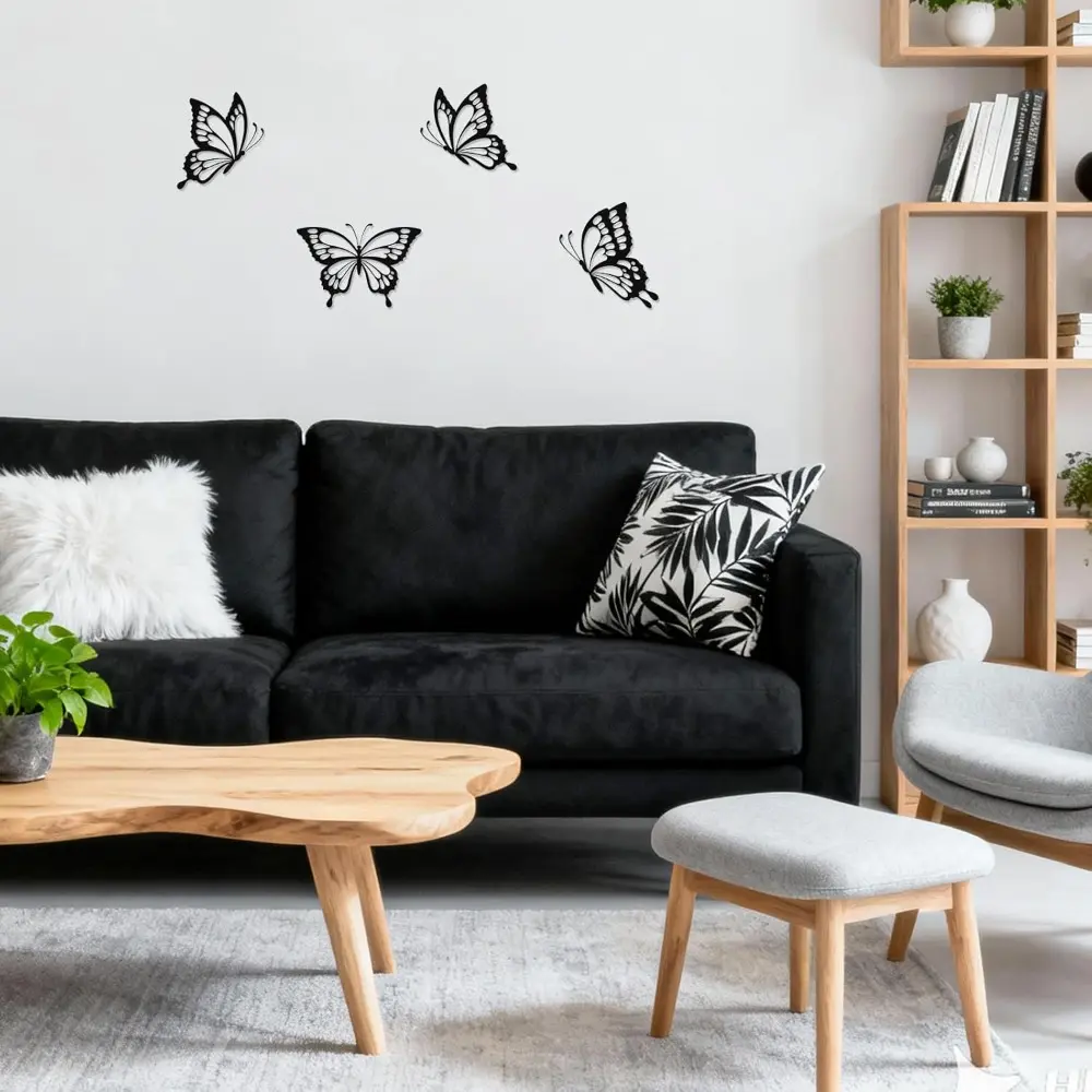 4 Pieces Metal Butterfly Wall Decor - Butterflies Metal Wall Art for Living Room Dining Room Bedroom Bathroom Kitchen | Black | Lightweight | Cute and Modern | Easy to Install