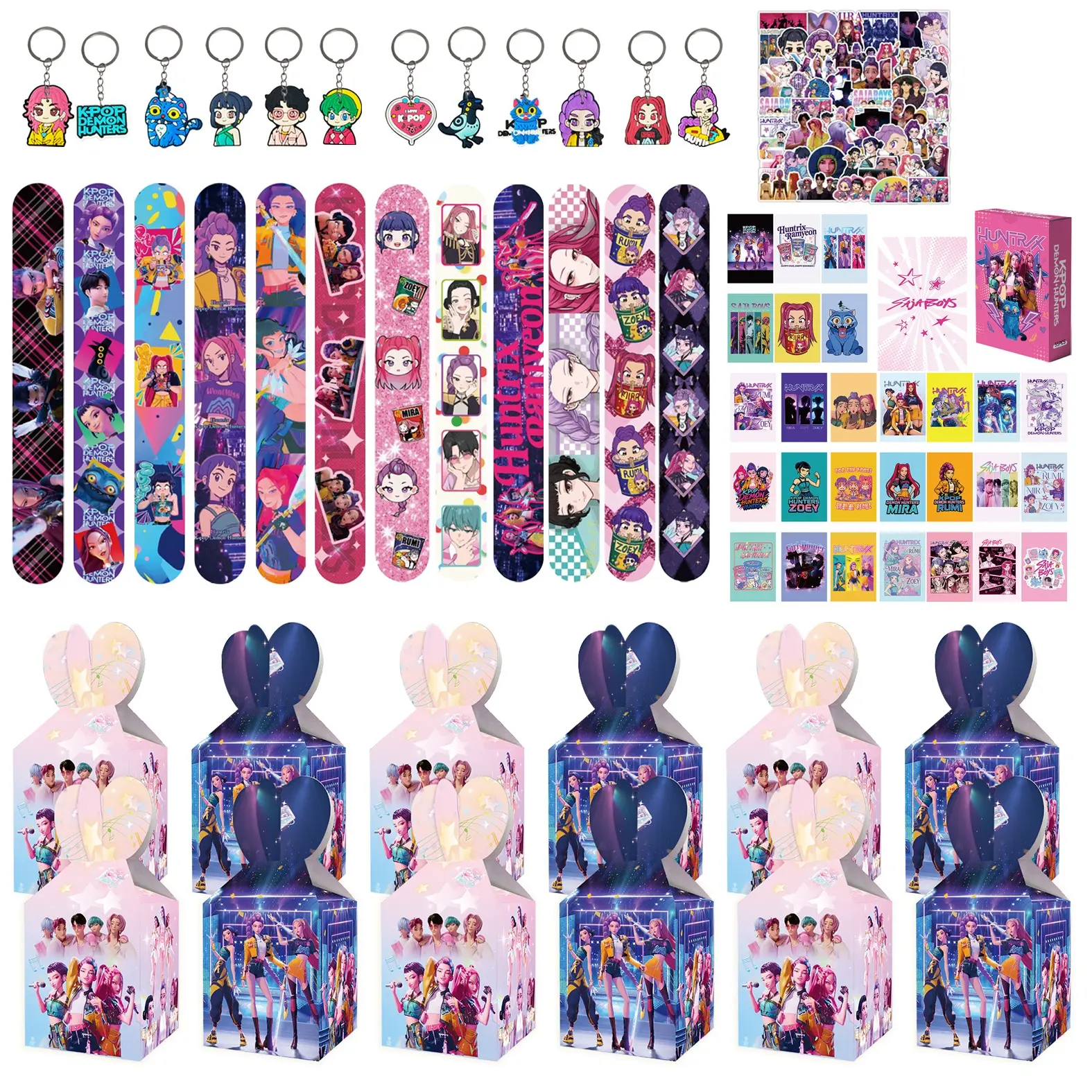 5 K-pop Cartoon Girl Group Party Gift Sets, perfect for party favors, including 12 cartoon keychains, 12 cartoon bracelets, 12 popcorn snack boxes, 50 fridge stickers, and 55 game cards, the best choice for parties and gatherings