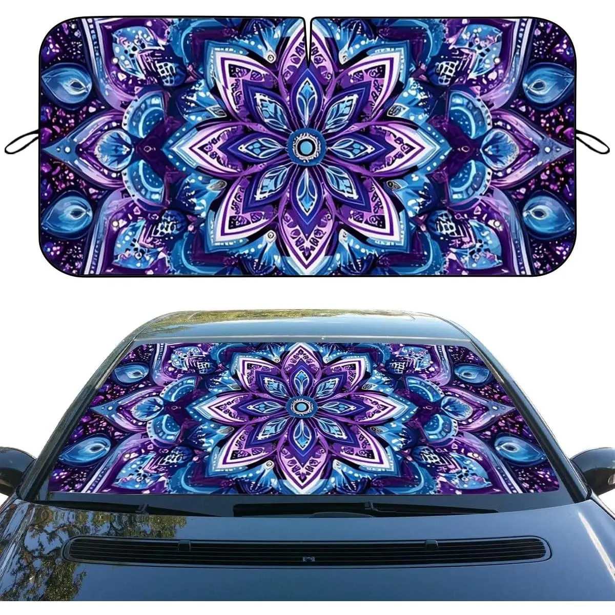 Mandala Lotus Blue Abstract Art Windshield Sunshade, 59x31.5" Reflective Poly UV Blocking Front Window Protector, Quick Setup Car Accessory for Sedans, SUVs, Midsize Cars
