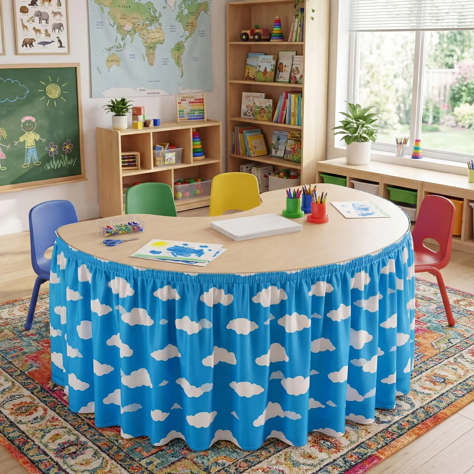 6 Feet Blue Sky Cloud Teacher Desk Skirt, Wrinkle Resistant Classroom Tablecloth, Kidney Shape Desk Return-To-School Supplies