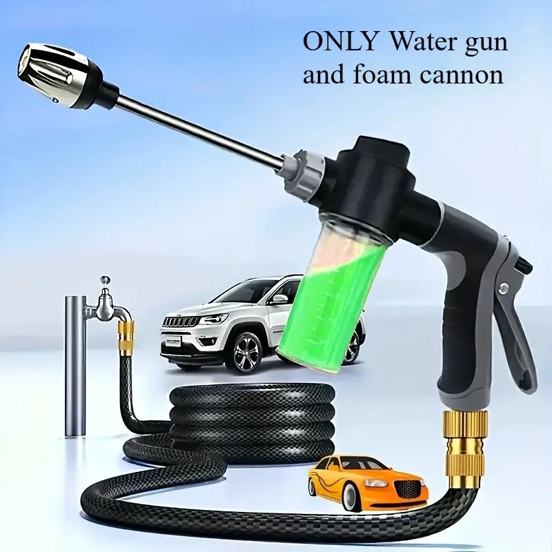 1pc High-Pressure Car Wash Foam Spray Gun with Long Handle & Adjustable Nozzle - Multi-Use for Cleaning, Watering, Tire Inflation - Includes Foam Bottle & Pressure Sprayer - Car Wash Jet - Durable Plastic Car Cleaning Tool