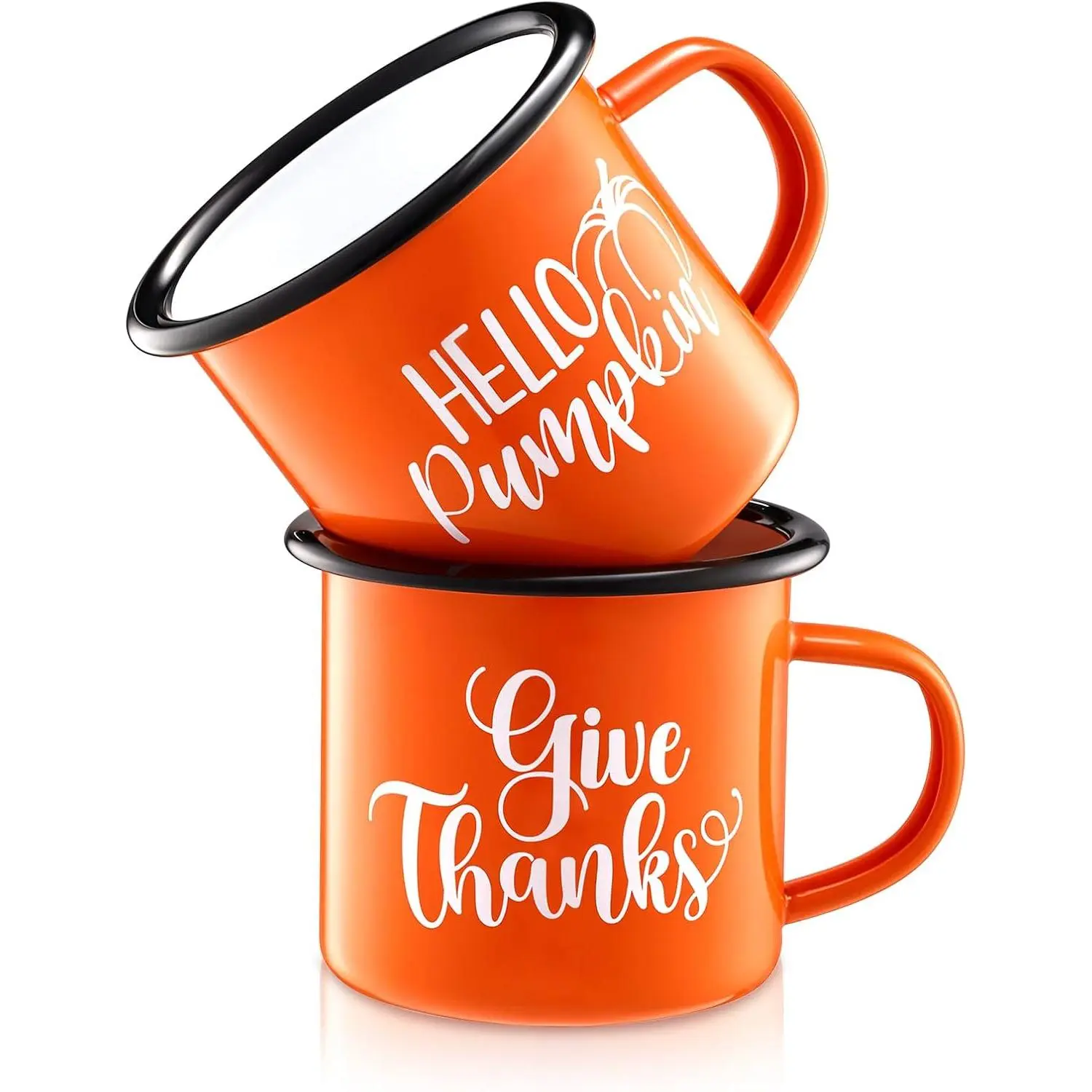 Fall Coffee Mugs Set of 2, 12 OZ Thanksgiving Pumpkin Enamel Mugs | Fall Cups Orange Autumn Enamel Mug with Handles for Thanksgiving Gifts, Table Decor