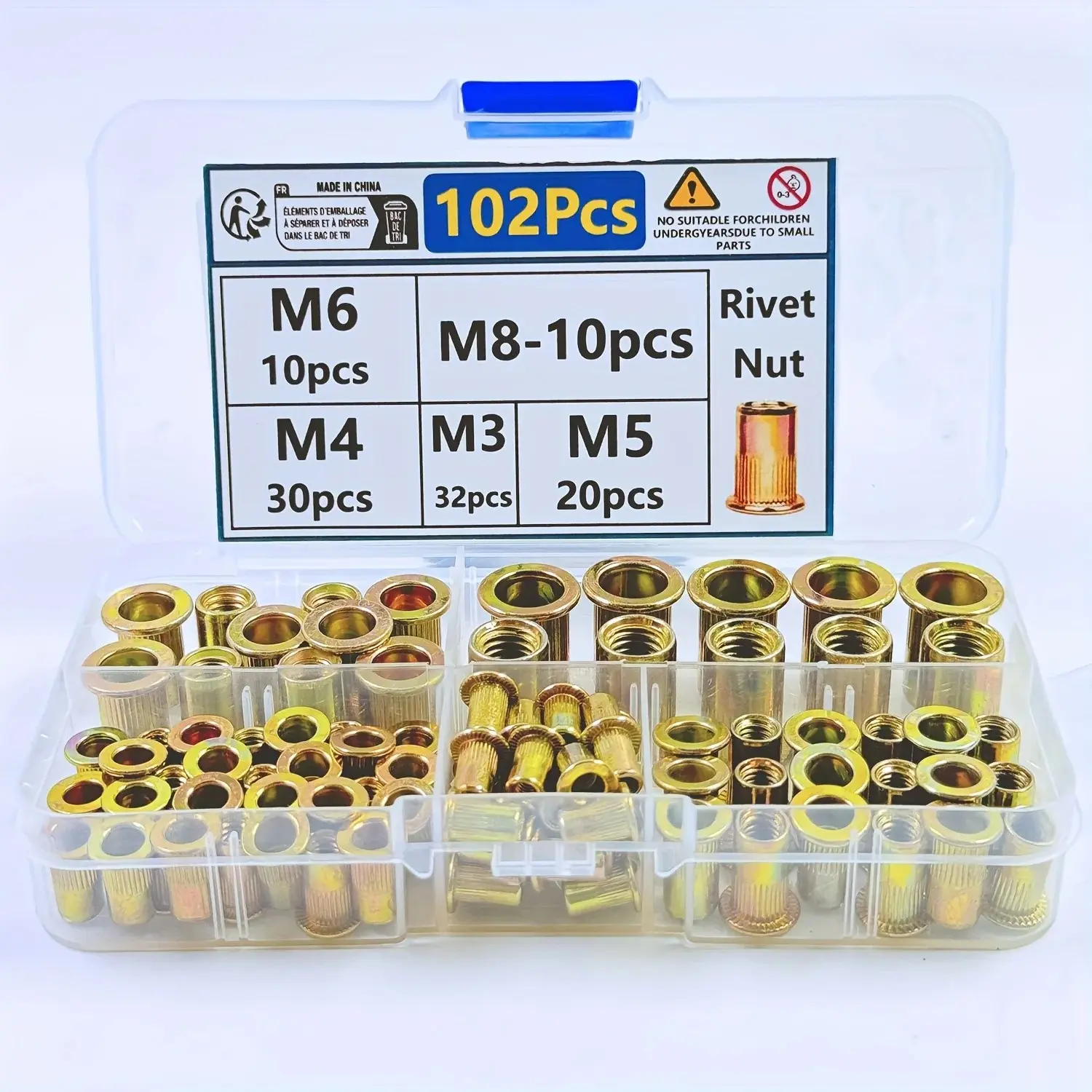 102-Piece Rivet Nut Kit - Carbon Steel Zinc Plated M3-M10 Slotted Flat Head Threaded Inserts, Full Thread Right-Hand，Heavy Duty Blind Rivet Nuts Set for Automotive Repair, Furniture Assembly & Industrial Fastening Projects。