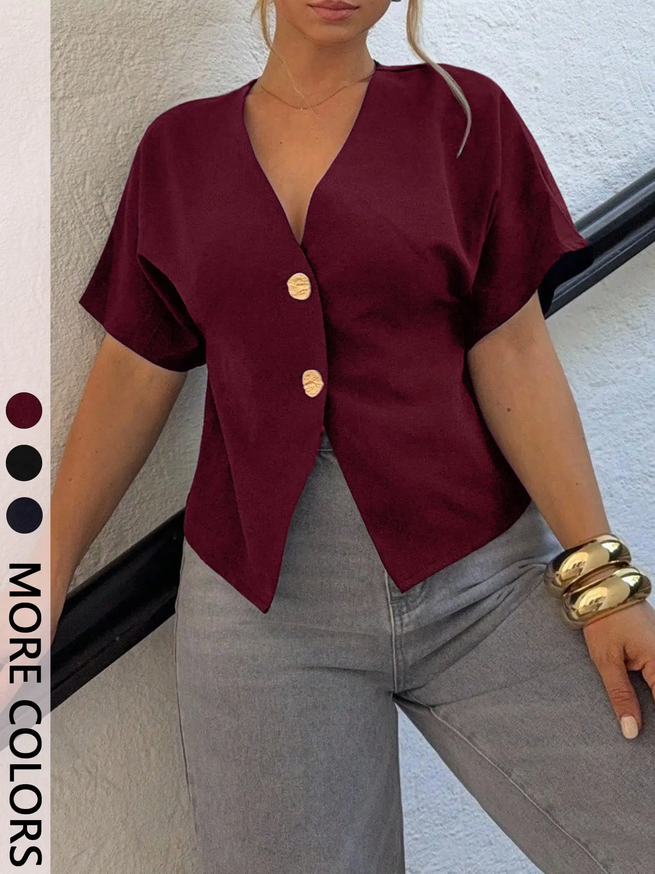 Women's Fitted V Neck Blouse Short Dolman Sleeves Asymmetric Hem Decorative Button Detail Cropped Silhouette Trendy Minimalist Aesthetic Style Perfect for Office Date Night Shirts