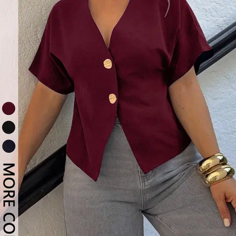 Women's Fitted V Neck Blouse Short Dolman Sleeves Asymmetric Hem Decorative Button Detail Cropped Silhouette Trendy Minimalist Aesthetic Style Perfect for Office Date Night Shirts Ara Top