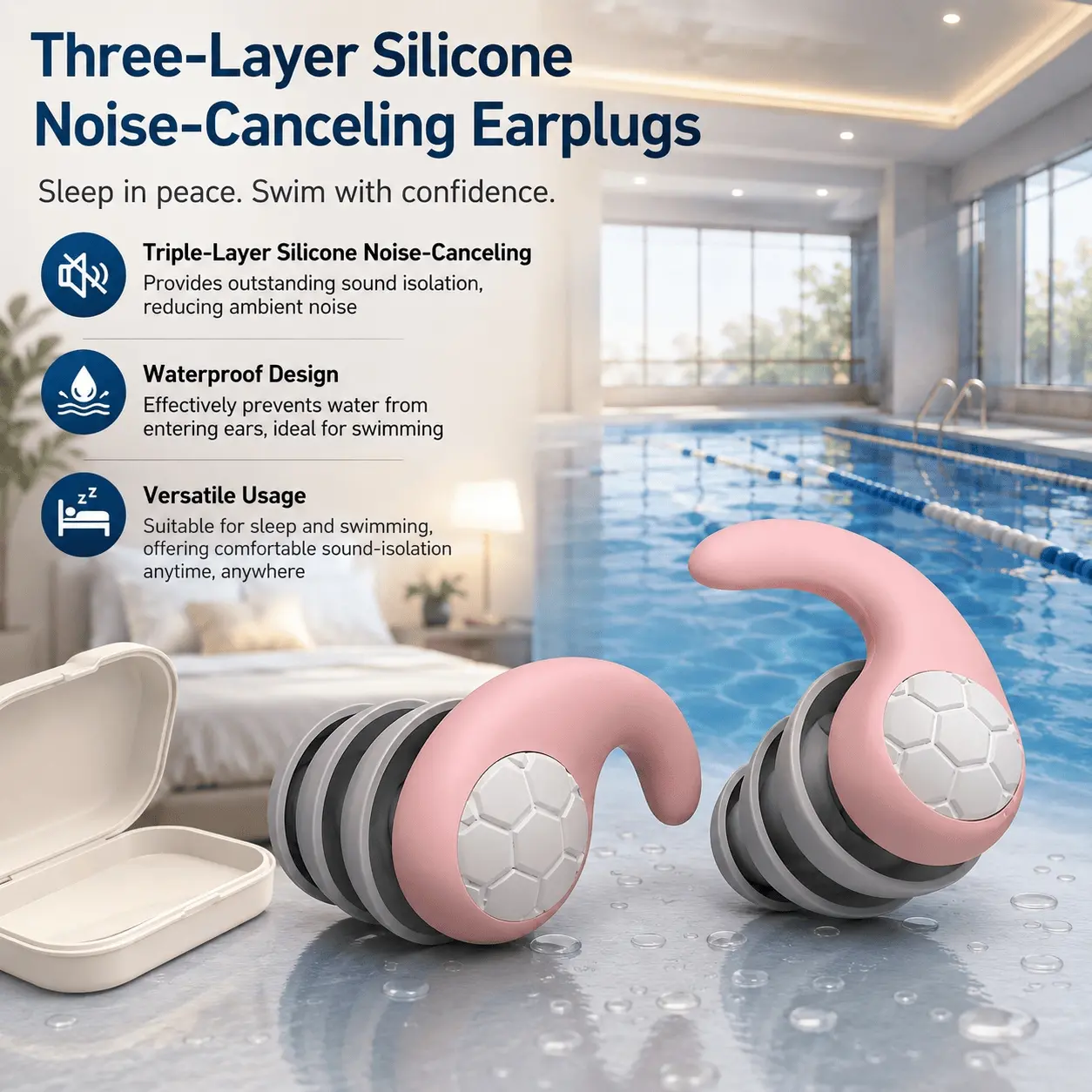 2-Pair Silicone Ear Protection System, Noise Blocking Waterproof Sweatproof for Sleep, Swimming, Work & Study - Soft Breathable Reusable Washable Secure-Fit All-Day Comfort & Quiet