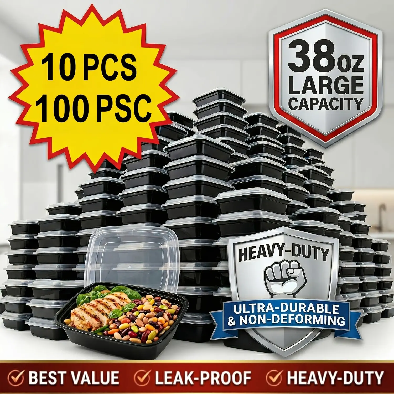 10/100pcs (5/50 Containers + 5/50 Lids) 38oz Black Rectangular Meal Prep Containers, Plastic Food Storage Container, Disposable Bento Box, Lunch Box, Kitchen Organizers And Storage Accessories, Microwave & Dishwasher &